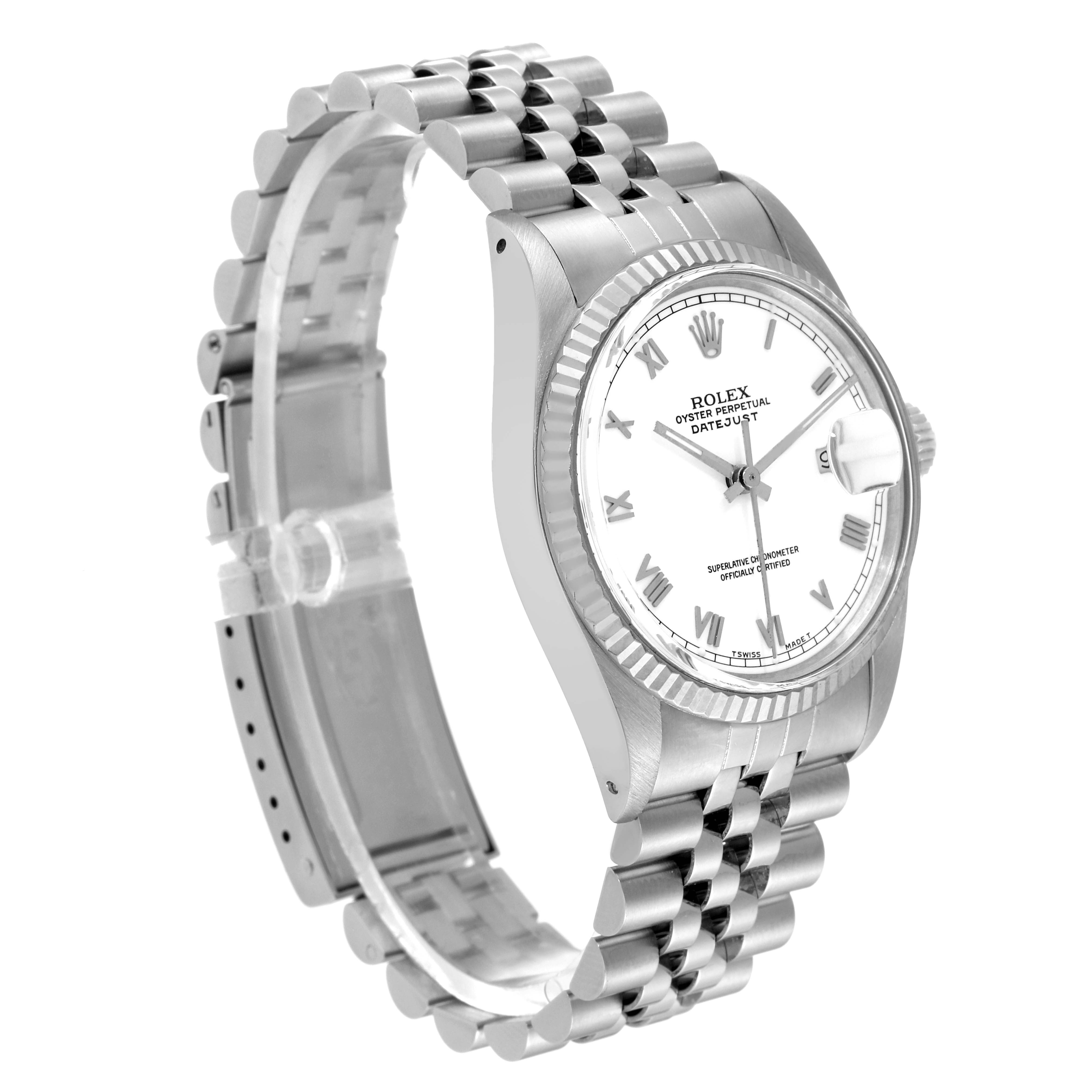 This image shows a Rolex Datejust 16014 Men's Stainless Steel White Dial 16014 Men's Stainless Steel White Dial watch at an angled side view, highlighting its bracelet and white dial.
