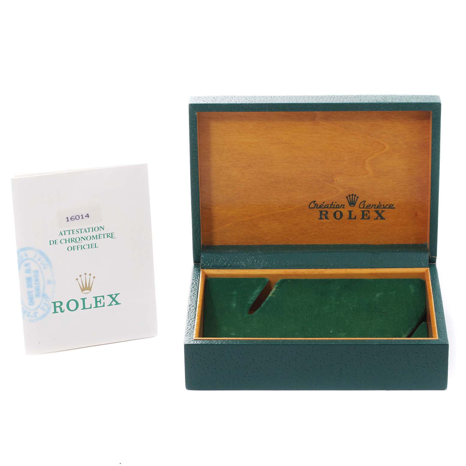 The image shows an open Rolex Datejust 16014 Men's Stainless Steel White Dial 16014 Men's Stainless Steel White Dial watch box with a certificate booklet on the left side.