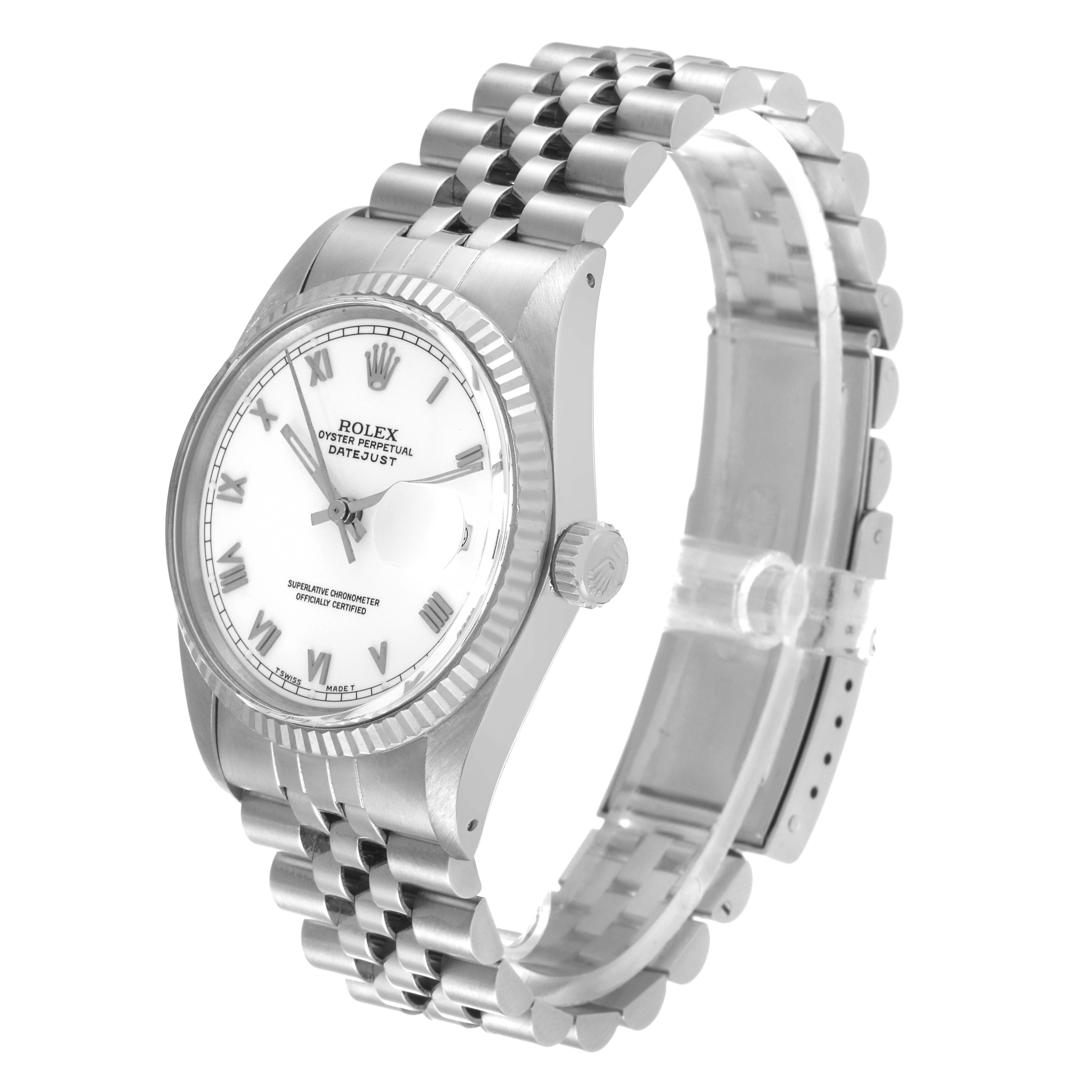 The image shows a side-angle view of a Rolex Datejust 16014 Men's Stainless Steel White Dial 16014 Men's Stainless Steel White Dial watch, displaying its face, bezel, crown, and bracelet.