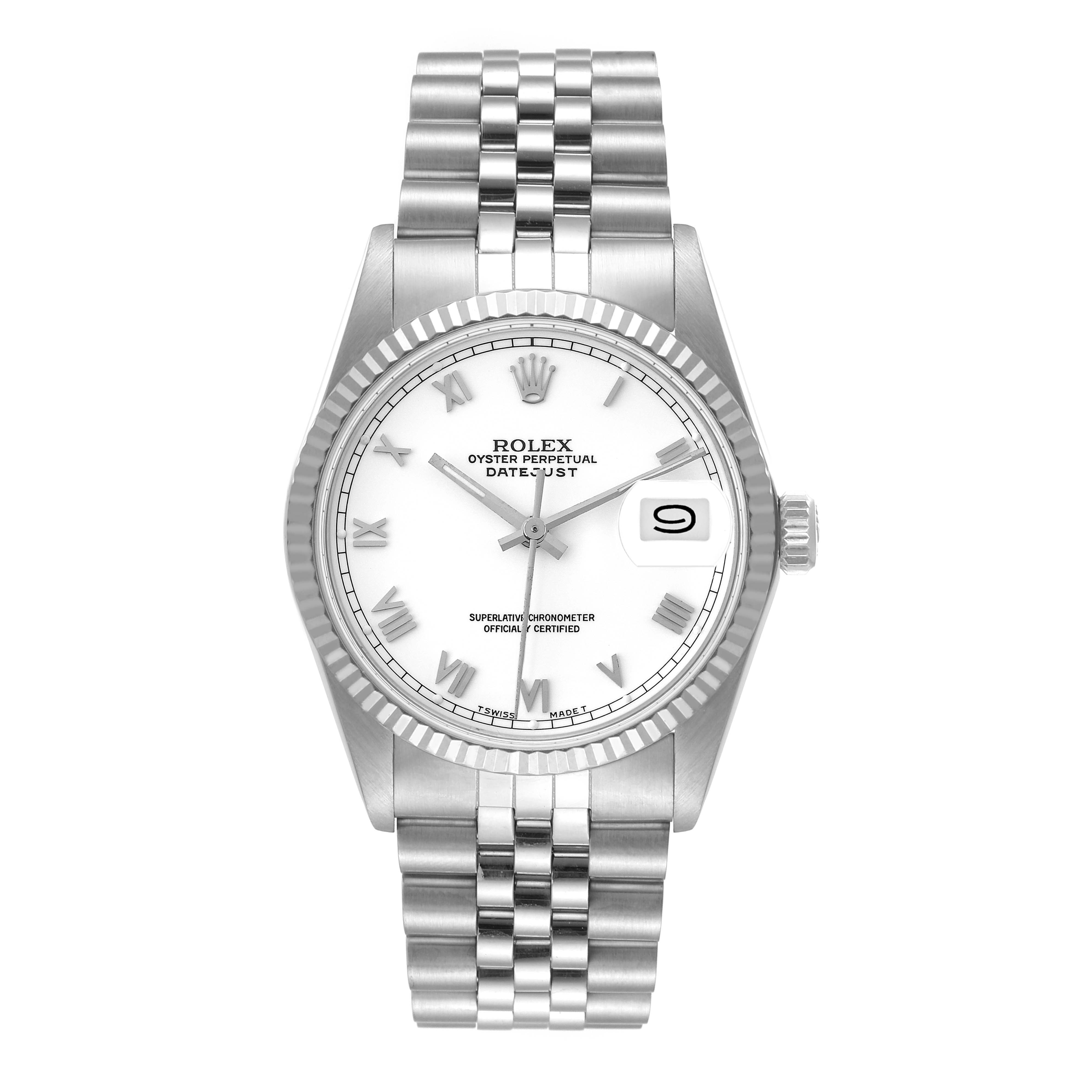 The image shows a front view of the Rolex Datejust 16014 Men's Stainless Steel White Dial 16014 Men's Stainless Steel White Dial watch, displaying its face, bezel, and bracelet.