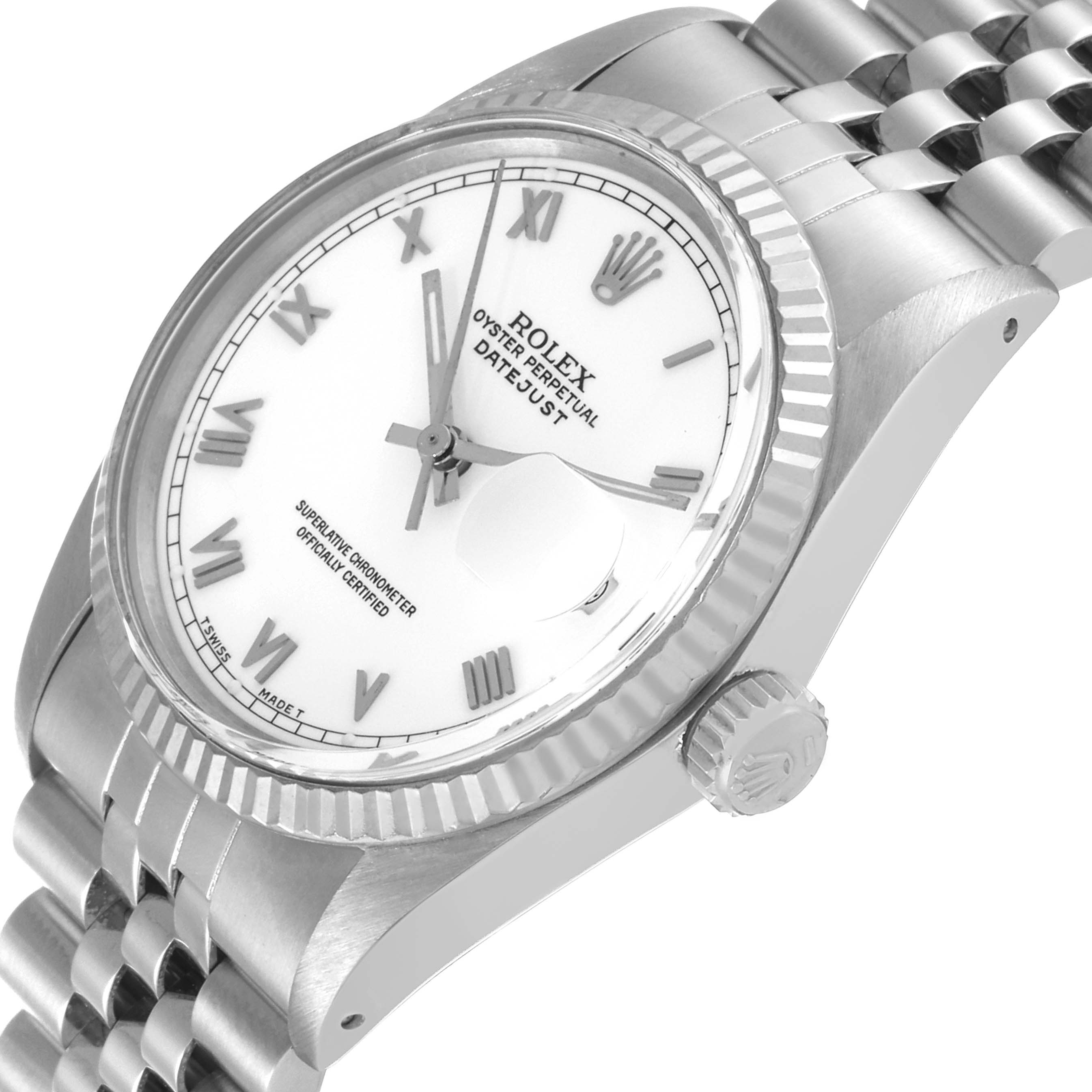 The image shows a Rolex Datejust 16014 Men's Stainless Steel White Dial 16014 Men's Stainless Steel White Dial watch at an angled side view, showcasing the crown, dial, and part of the bracelet.
