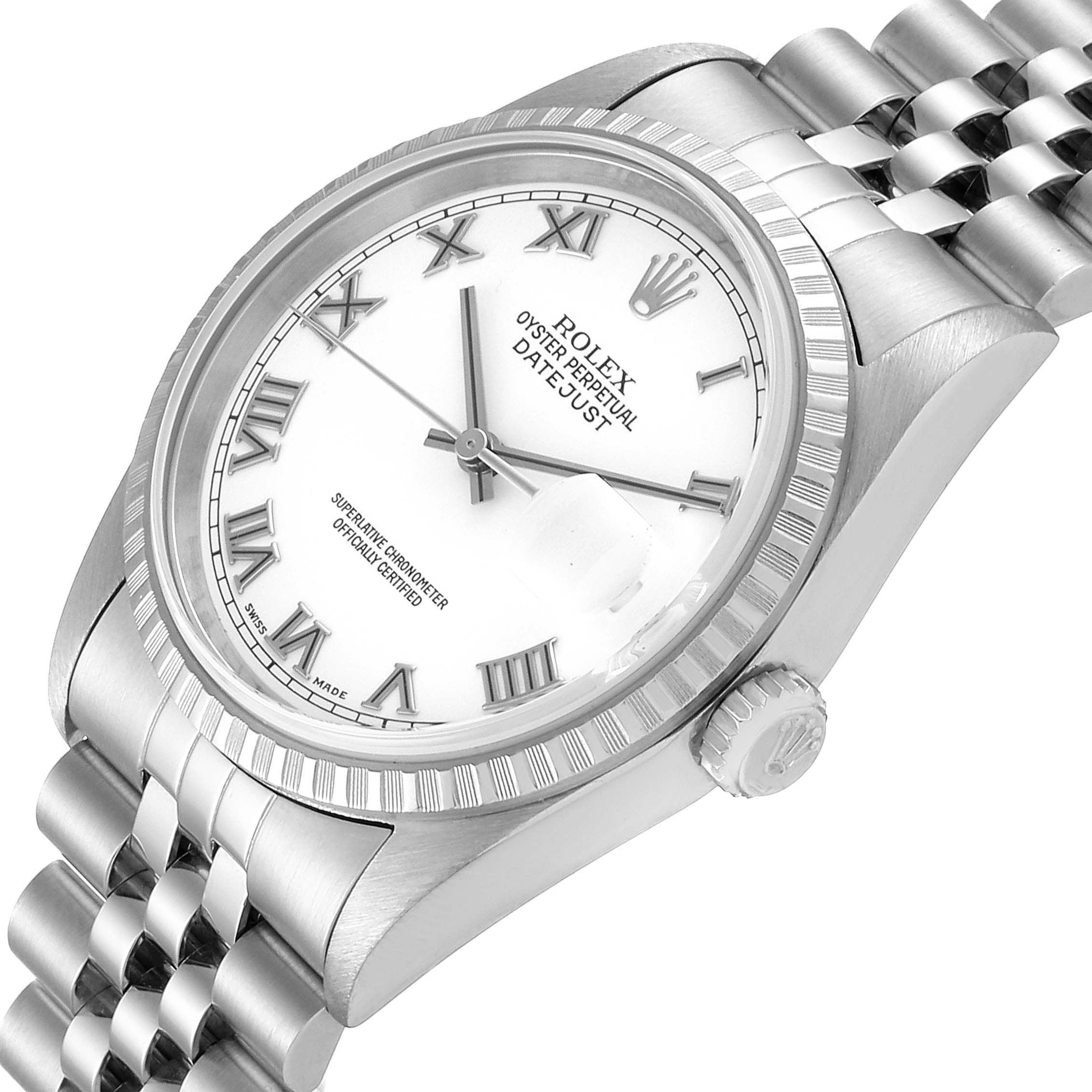 The image shows a Rolex Datejust 16234 Men
s Stainless Steel White Dial 16234 Men
s Stainless Steel White Dial watch at an angled side view, displaying the dial, bezel, crown, and part of the bracelet.