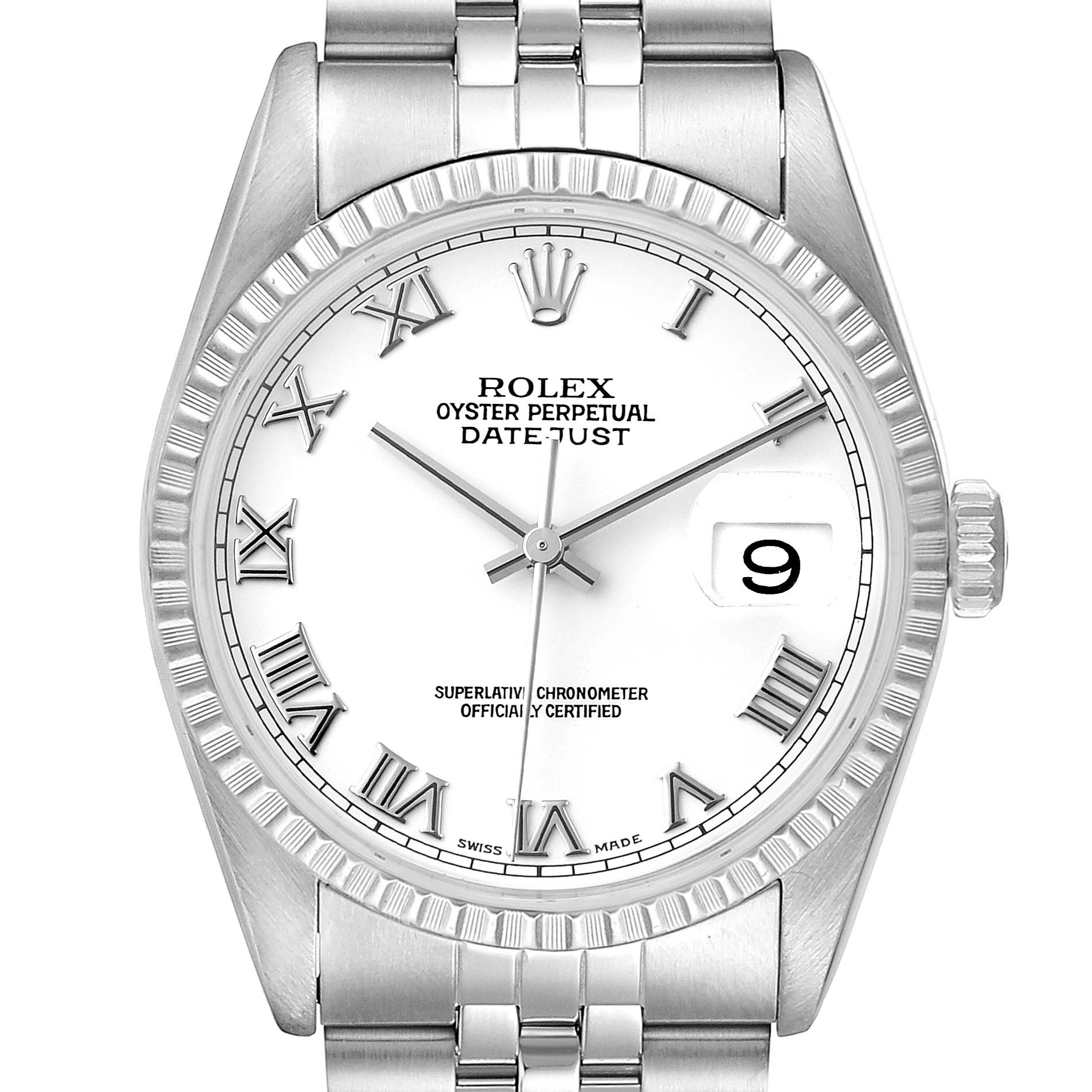 This image shows a front view of a Rolex Datejust 16234 Men
s Stainless Steel White Dial 16234 Men
s Stainless Steel White Dial watch, featuring its dial, bezel, case, and bracelet.