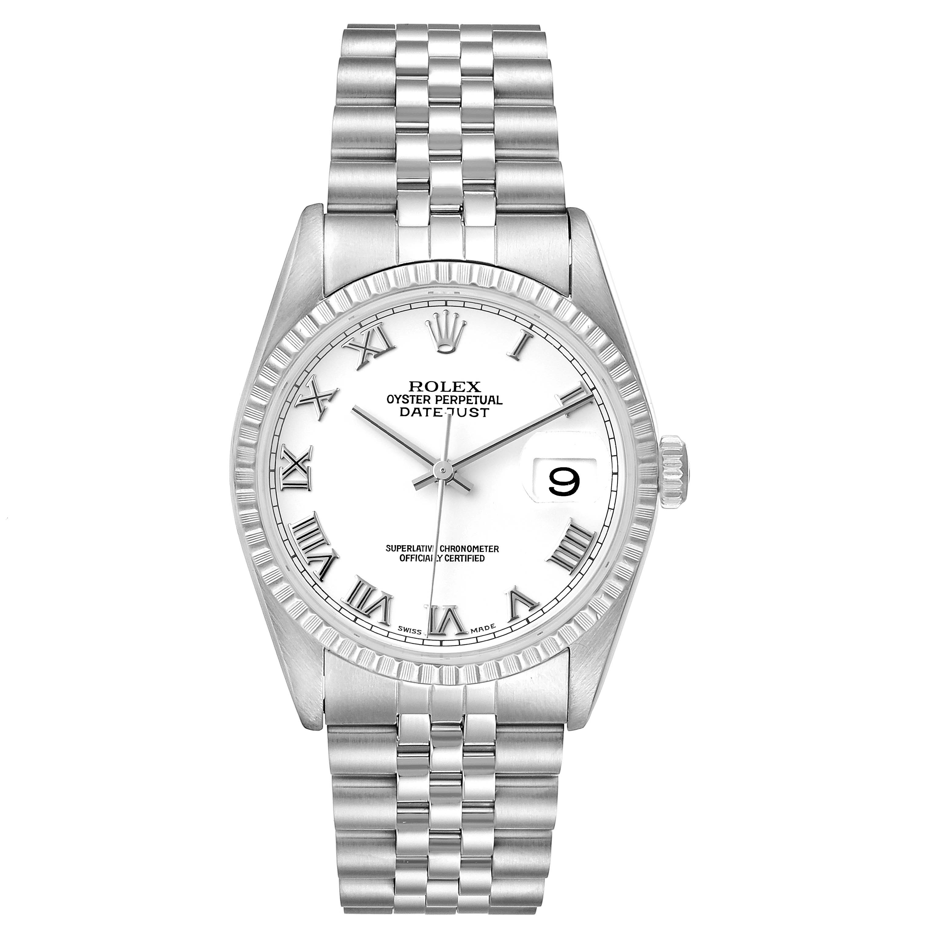 The Rolex Datejust 16234 Men
s Stainless Steel White Dial 16234 Men
s Stainless Steel White Dial watch is shown from the front, displaying its face, bezel, crown, and stainless steel bracelet.