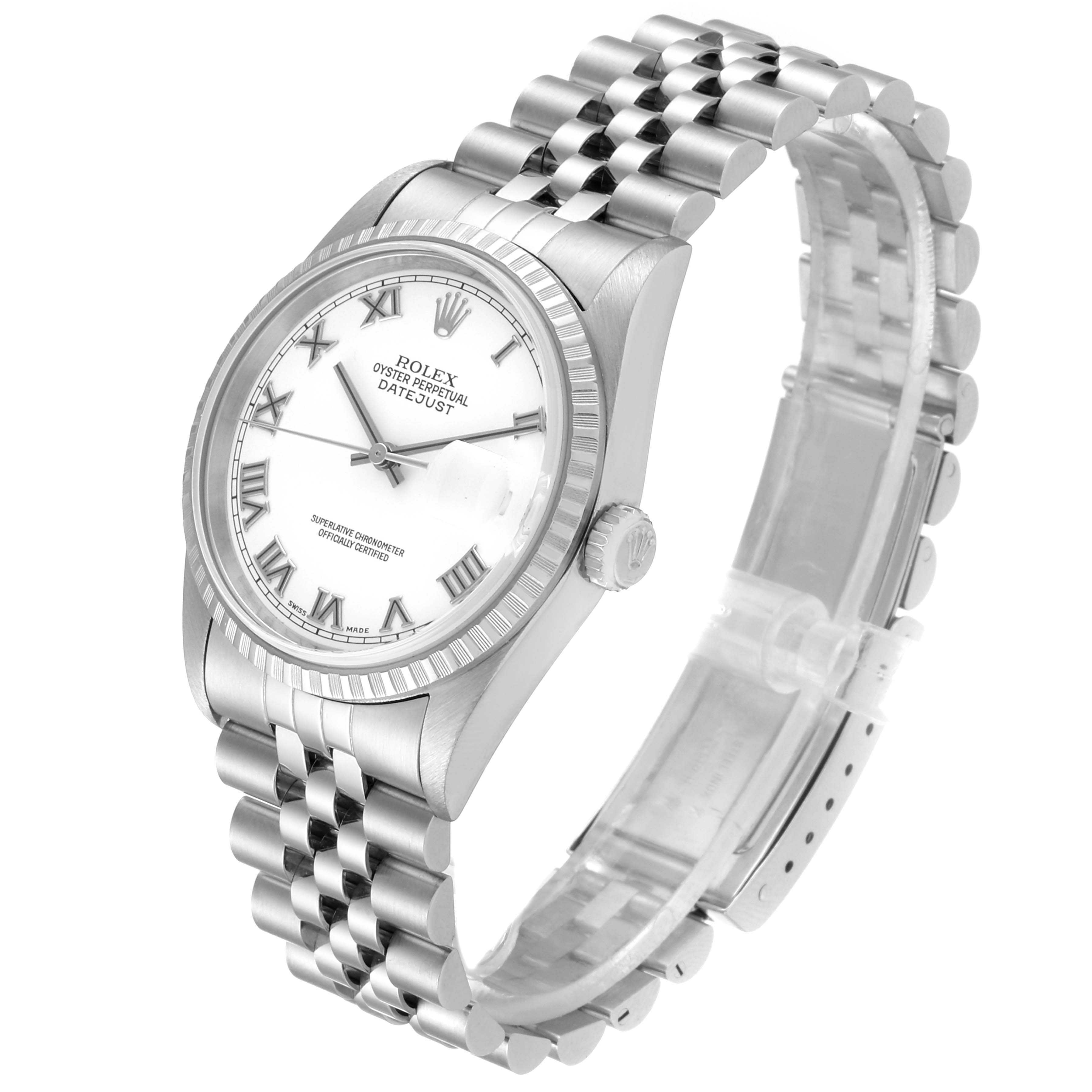 The image shows a Rolex Datejust 16234 Men
s Stainless Steel White Dial 16234 Men
s Stainless Steel White Dial watch at a three-quarter angle, showcasing its white dial, Roman numerals, fluted bezel, and jubilee bracelet.