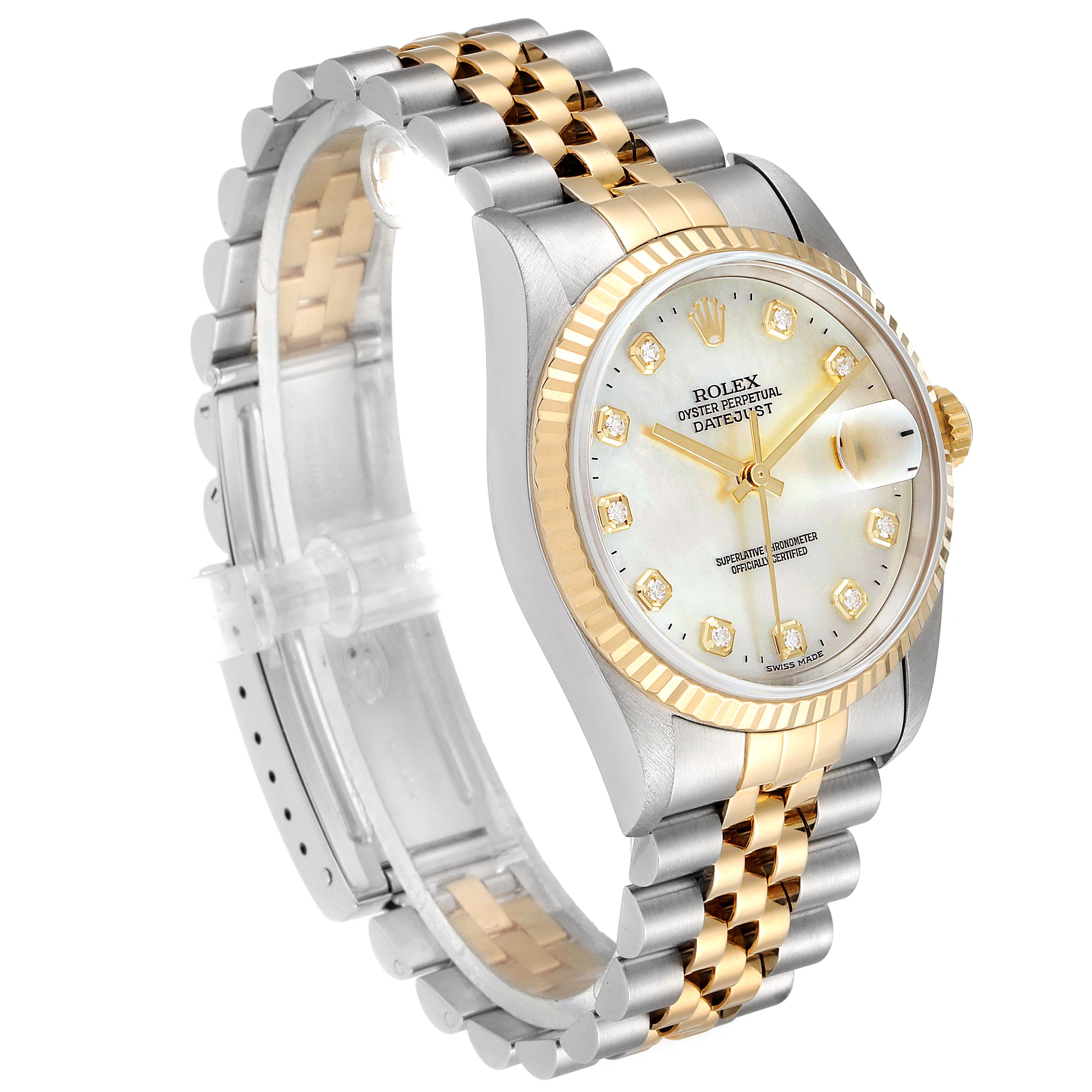 This image shows a Rolex Datejust 16233 Men
s Steel and Gold (two tone) Mother of Pearl Dial 16233 Men
s Steel and Gold (two tone) Mother of Pearl Dial watch from an angled side view, highlighting the face, bezel, and part of the bracelet.