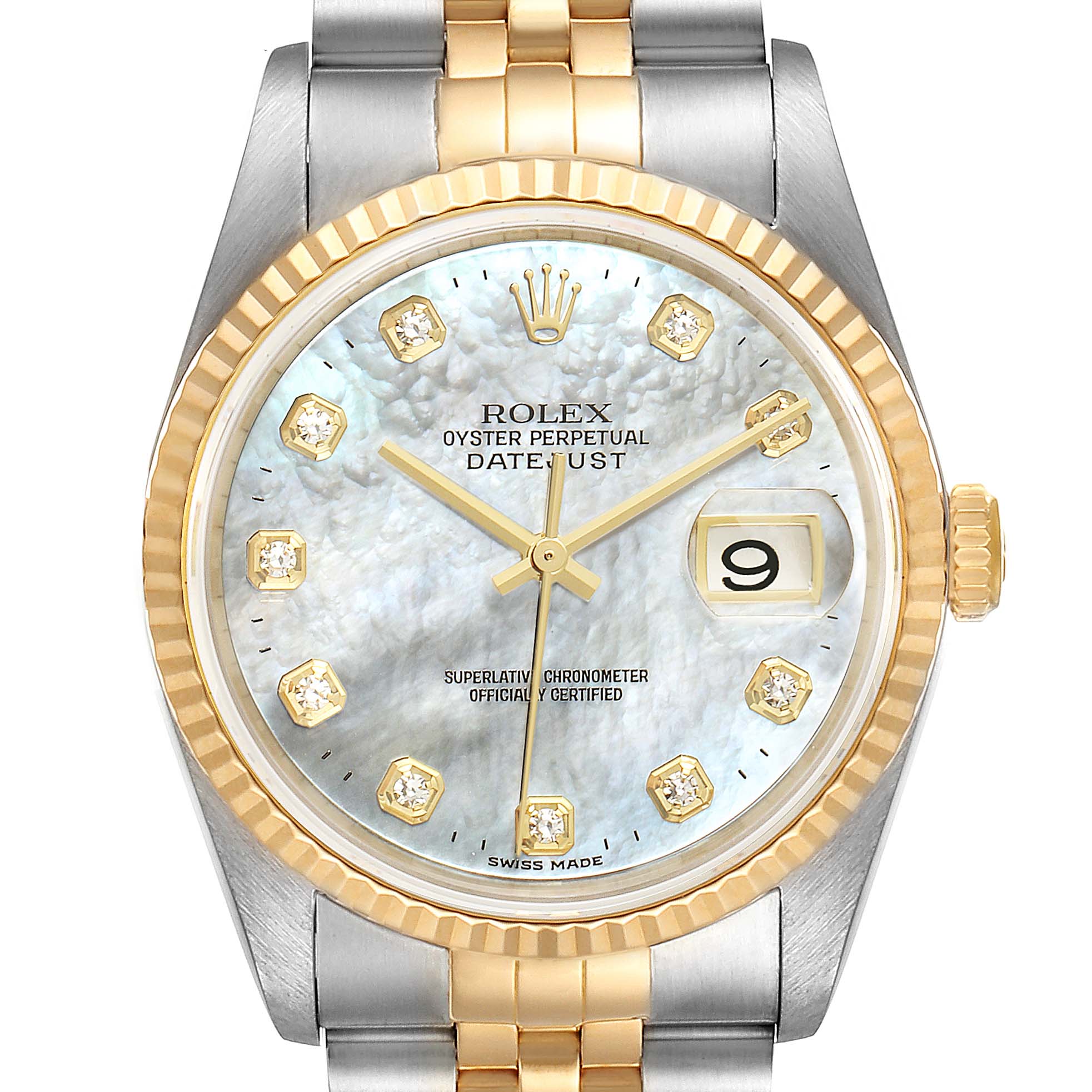 This is a front view of the Rolex Datejust 16233 Men
s Steel and Gold (two tone) Mother of Pearl Dial 16233 Men
s Steel and Gold (two tone) Mother of Pearl Dial watch, showing its mother-of-pearl dial, gold bezel, and two-tone bracelet.
