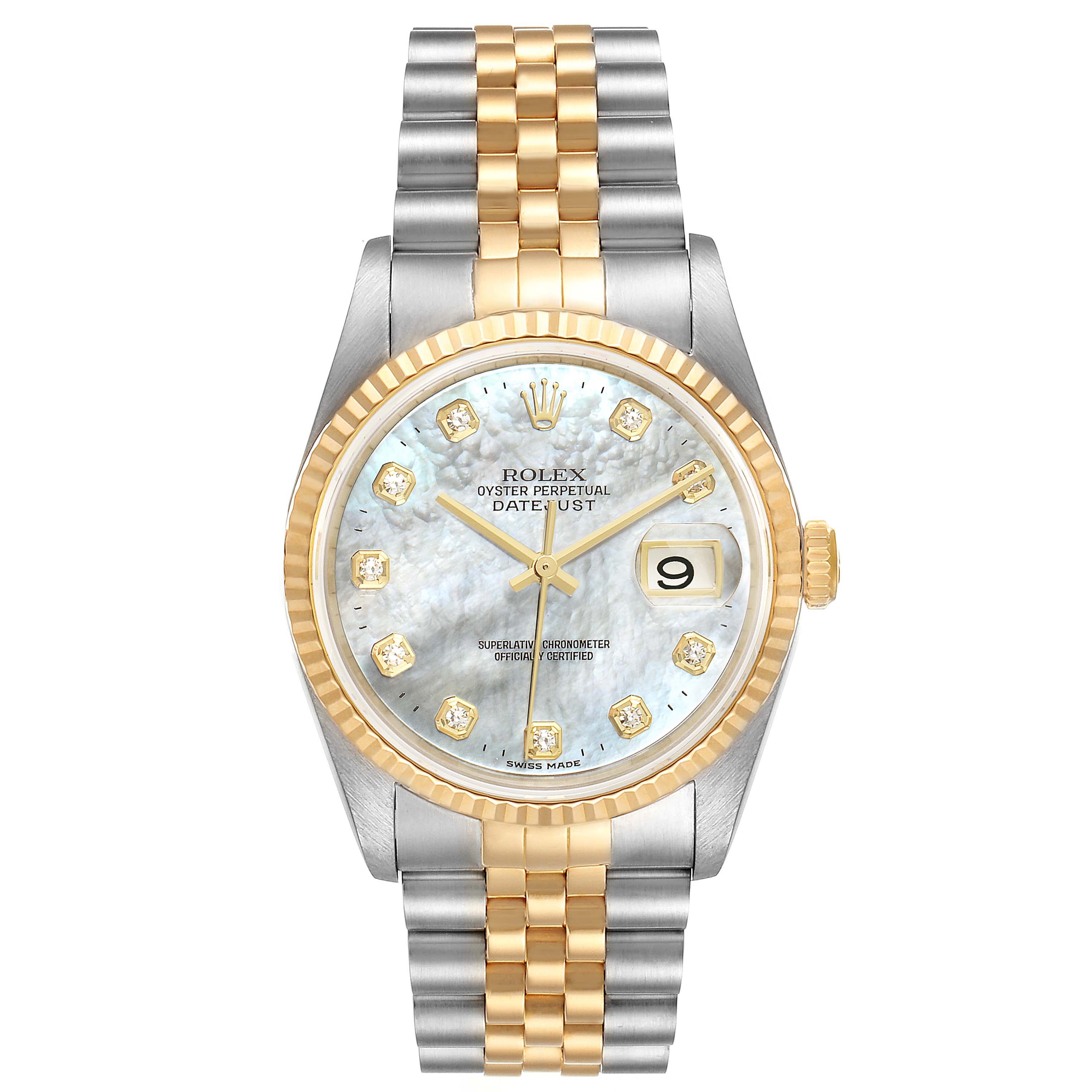 The image shows a Rolex Datejust 16233 Men
s Steel and Gold (two tone) Mother of Pearl Dial 16233 Men
s Steel and Gold (two tone) Mother of Pearl Dial watch with a two-tone metal bracelet and a mother-of-pearl dial at a straight-on angle.