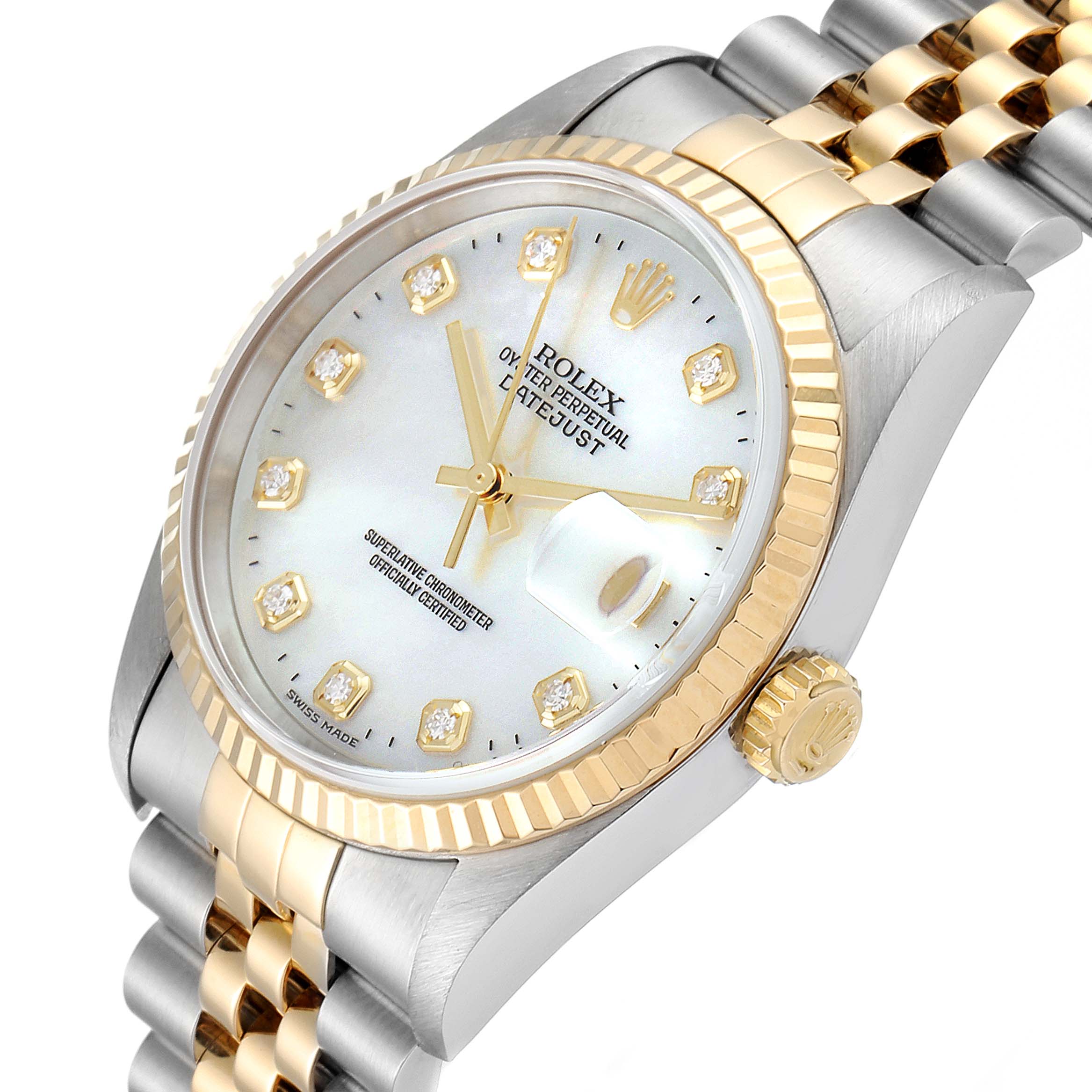 The image shows a Rolex Datejust 16233 Men
s Steel and Gold (two tone) Mother of Pearl Dial 16233 Men
s Steel and Gold (two tone) Mother of Pearl Dial watch at an angled close-up, highlighting the face, bezel, crown, and part of the band.