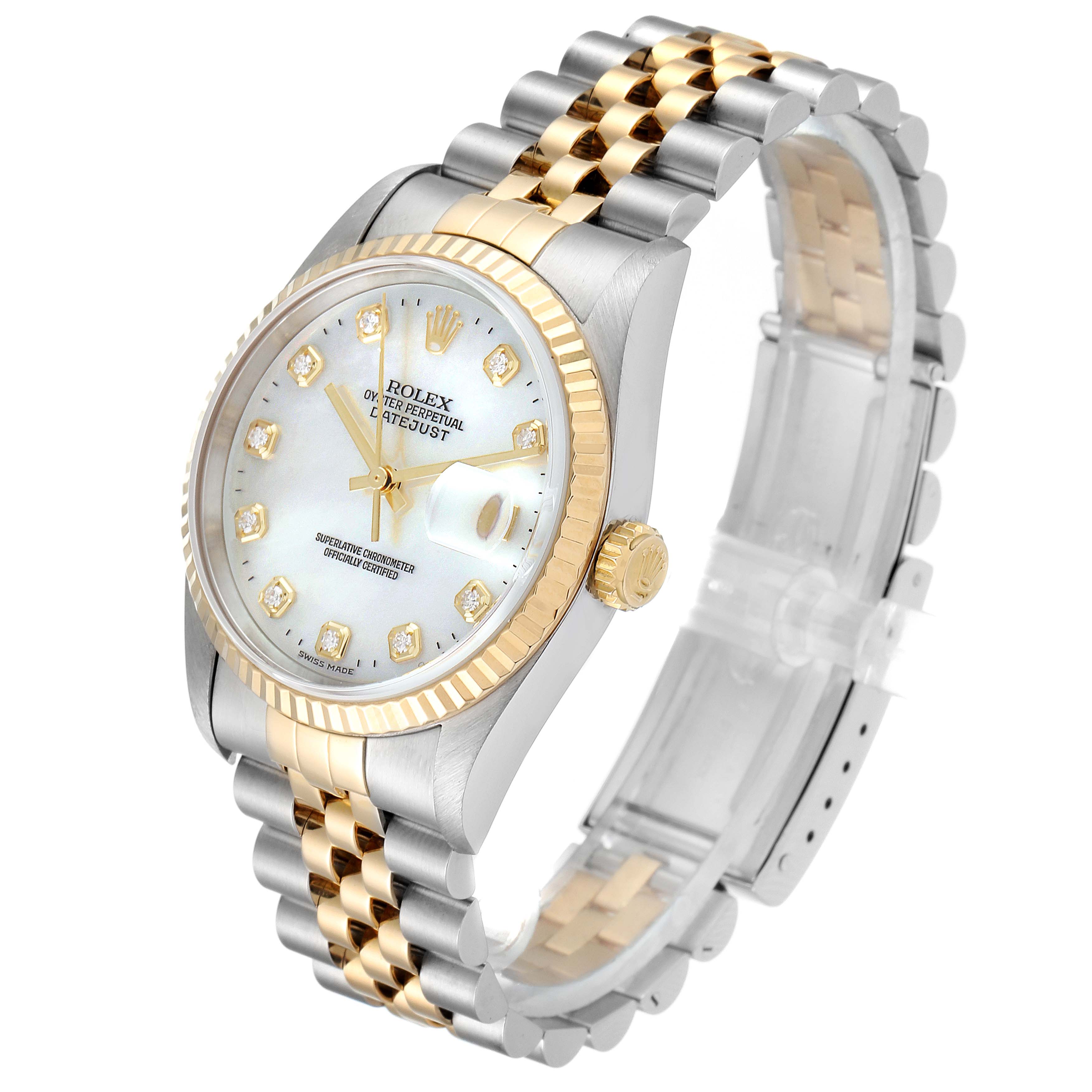 The Rolex Datejust 16233 Men
s Steel and Gold (two tone) Mother of Pearl Dial 16233 Men
s Steel and Gold (two tone) Mother of Pearl Dial watch is shown at a slight angle, highlighting the dial, bezel, and two-tone bracelet.