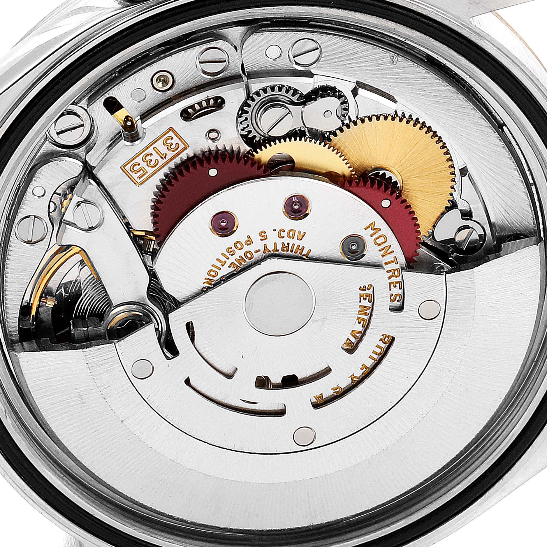 This is the internal mechanism of a Rolex Datejust 16233 Men
s Steel and Gold (two tone) Mother of Pearl Dial 16233 Men
s Steel and Gold (two tone) Mother of Pearl Dial watch viewed from the back, showing gears and movement components.