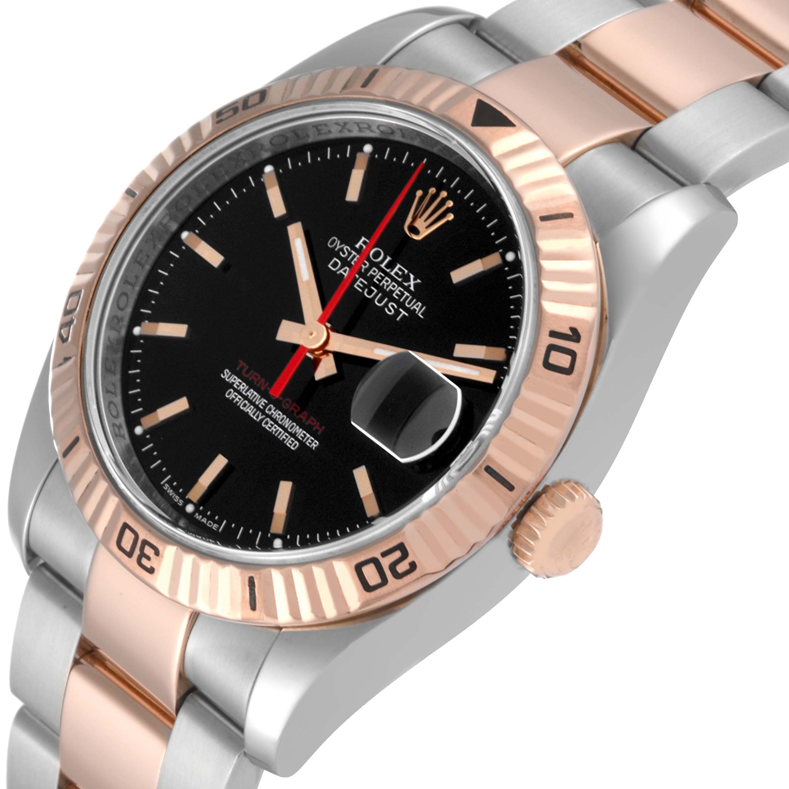 The image shows a Rolex Turn-o-Graph 116261 Men's Steel and Gold (two tone) Black Dial 116261 Men's Steel and Gold (two tone) Black Dial watch angled to display the face, bezel, crown, and part of the bracelet.