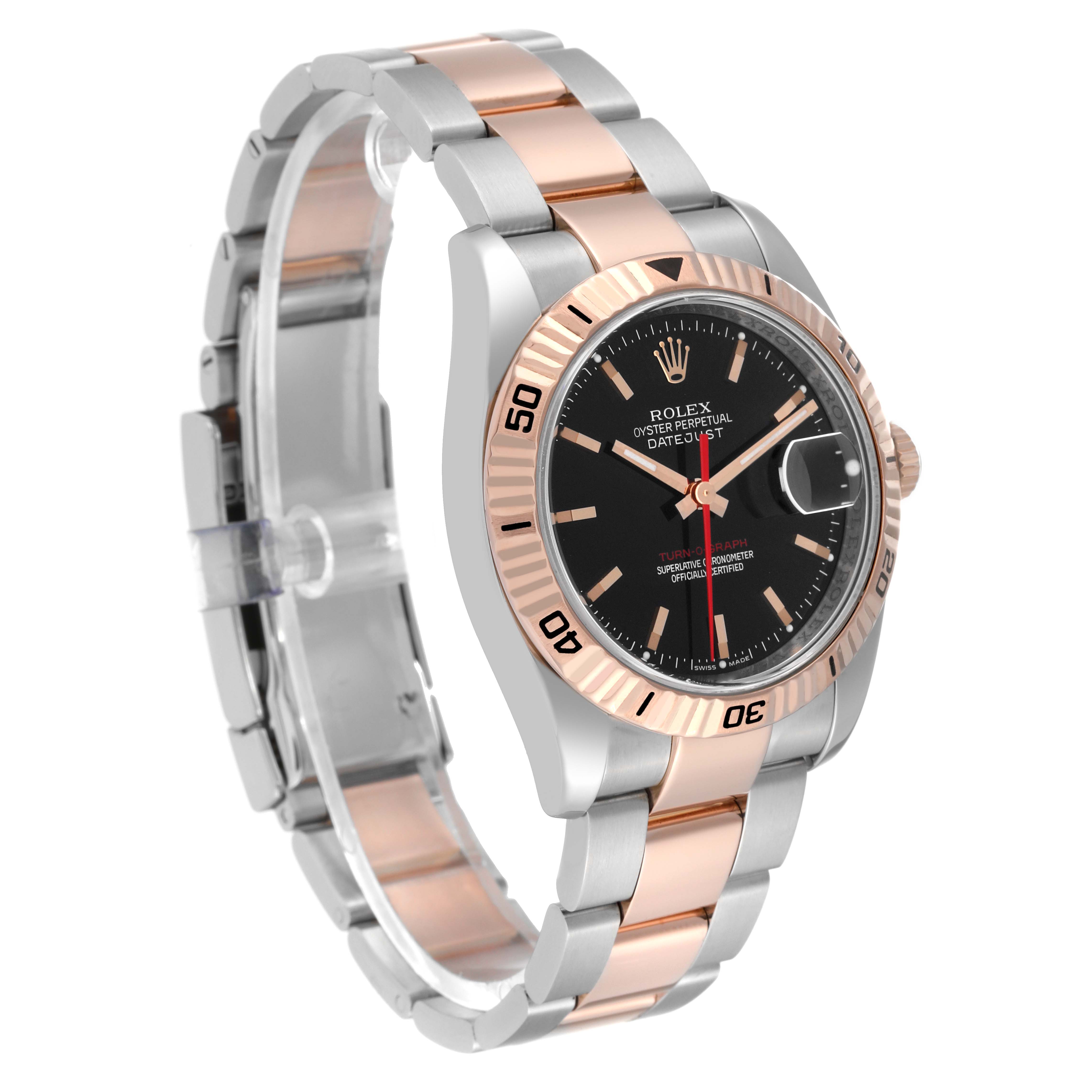 The image shows a three-quarter angle of a Rolex Turn-o-Graph 116261 Men's Steel and Gold (two tone) Black Dial 116261 Men's Steel and Gold (two tone) Black Dial, displaying its dial, bezel, and two-tone metal bracelet.