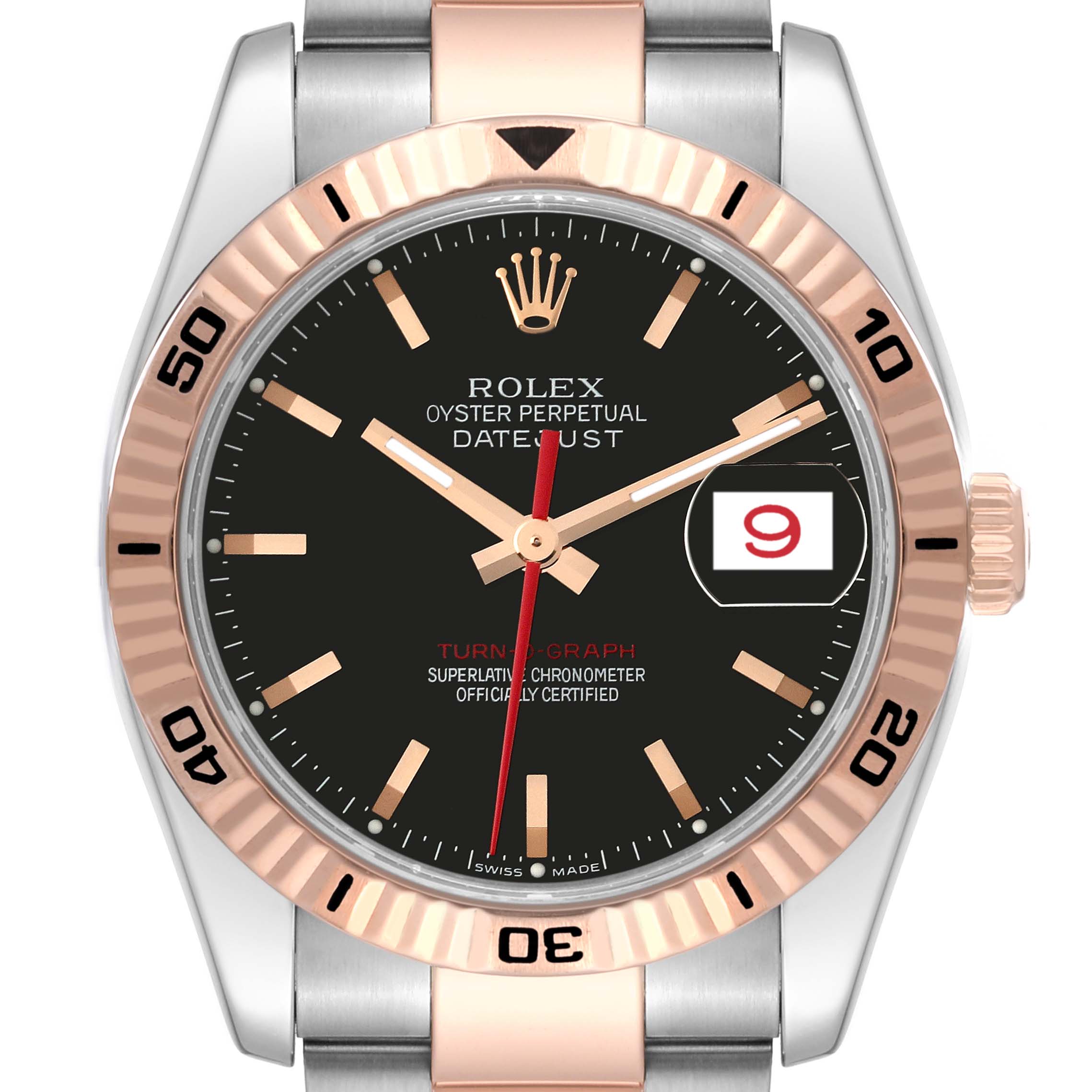 The image shows a frontal view of the Rolex Turn-o-Graph 116261 Men's Steel and Gold (two tone) Black Dial 116261 Men's Steel and Gold (two tone) Black Dial watch, featuring the dial, hands, bezel, and crown.