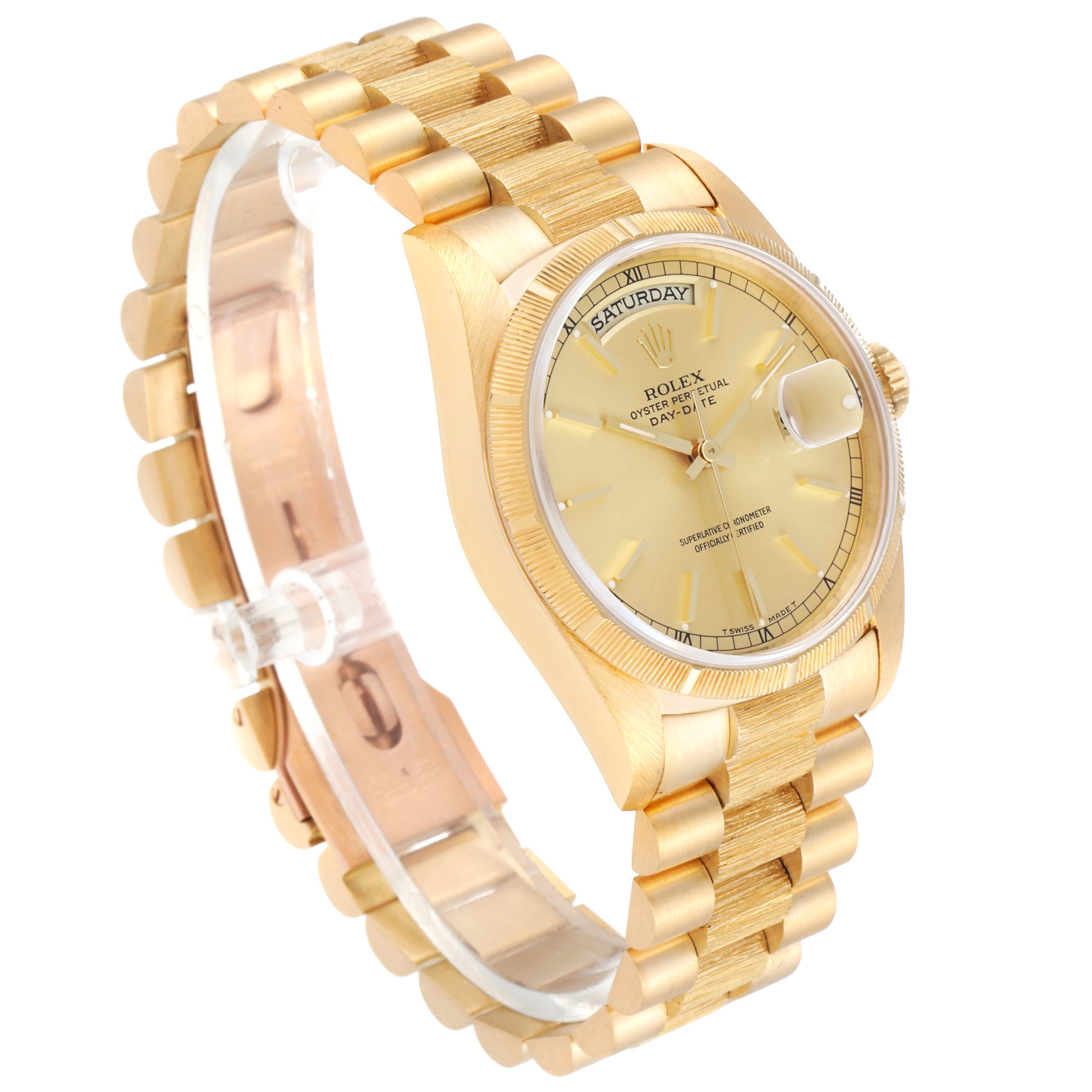 This image shows a President model Rolex watch at a slight angle, focusing on its gold band, face, and crown.