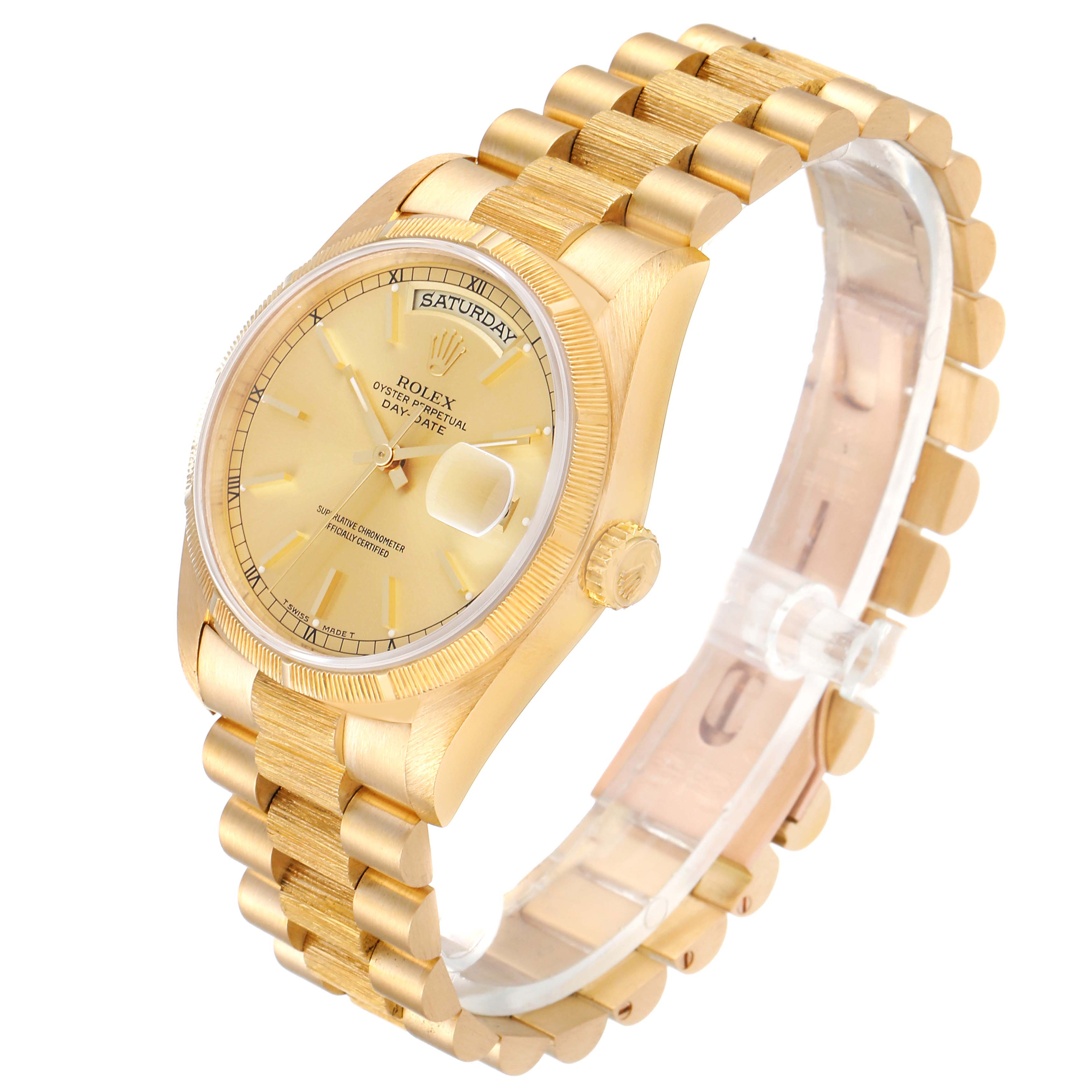 The image shows a gold Rolex President 1989-1990 Men
s Yellow Gold Champagne Dial 1989-1990 Men
s Yellow Gold Champagne Dial model watch from an angled top view, highlighting the dial, bezel, and bracelet.