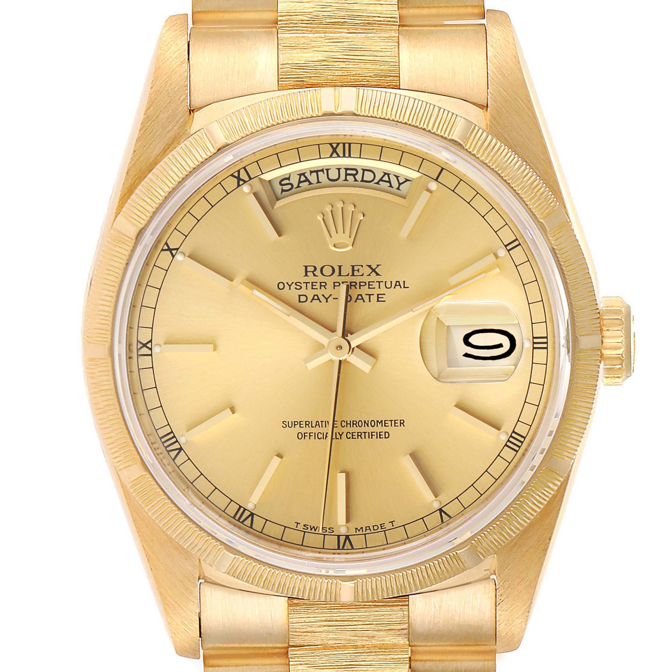 The image shows a close-up front view of a Rolex President 1989-1990 Men
s Yellow Gold Champagne Dial 1989-1990 Men
s Yellow Gold Champagne Dial model watch, highlighting the dial, bracelet, and crown.