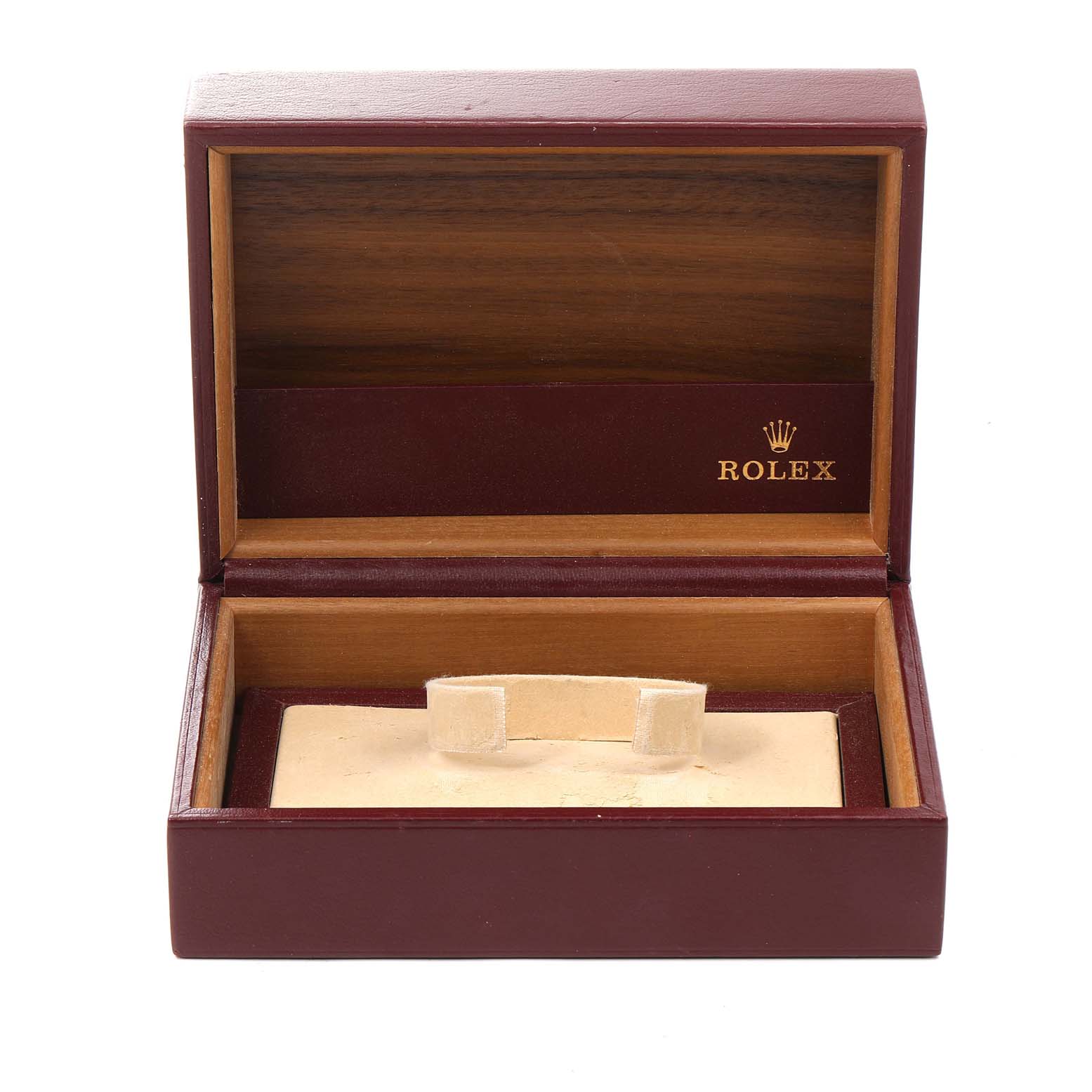This image shows an open luxury watch box for the Rolex President 1989-1990 Men
s Yellow Gold Champagne Dial 1989-1990 Men
s Yellow Gold Champagne Dial model, displaying the inner padding and branding.