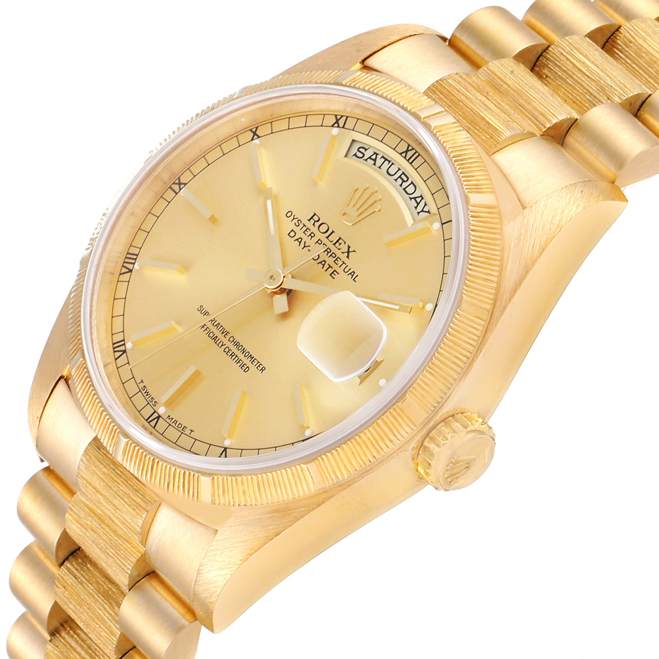 The image shows a slight side view of a Rolex President 1989-1990 Men
s Yellow Gold Champagne Dial 1989-1990 Men
s Yellow Gold Champagne Dial model, highlighting its gold bracelet, case, and dial, with the day-date function visible.