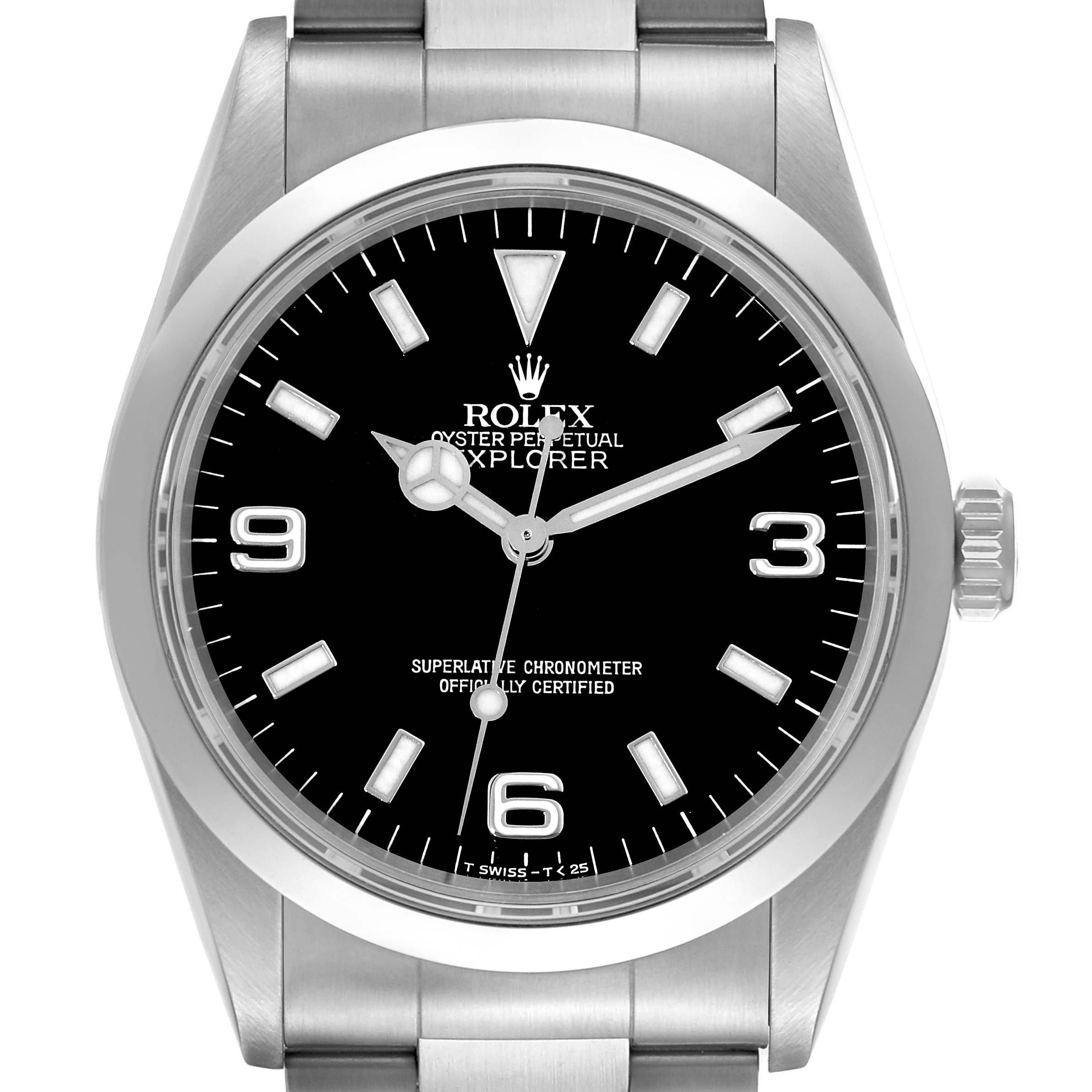 This image shows a front view of a Rolex Explorer 14270 Men
s Stainless Steel Black Dial 14270 Men
s Stainless Steel Black Dial watch, highlighting its black dial, silver hour markers, hands, and stainless steel bracelet.