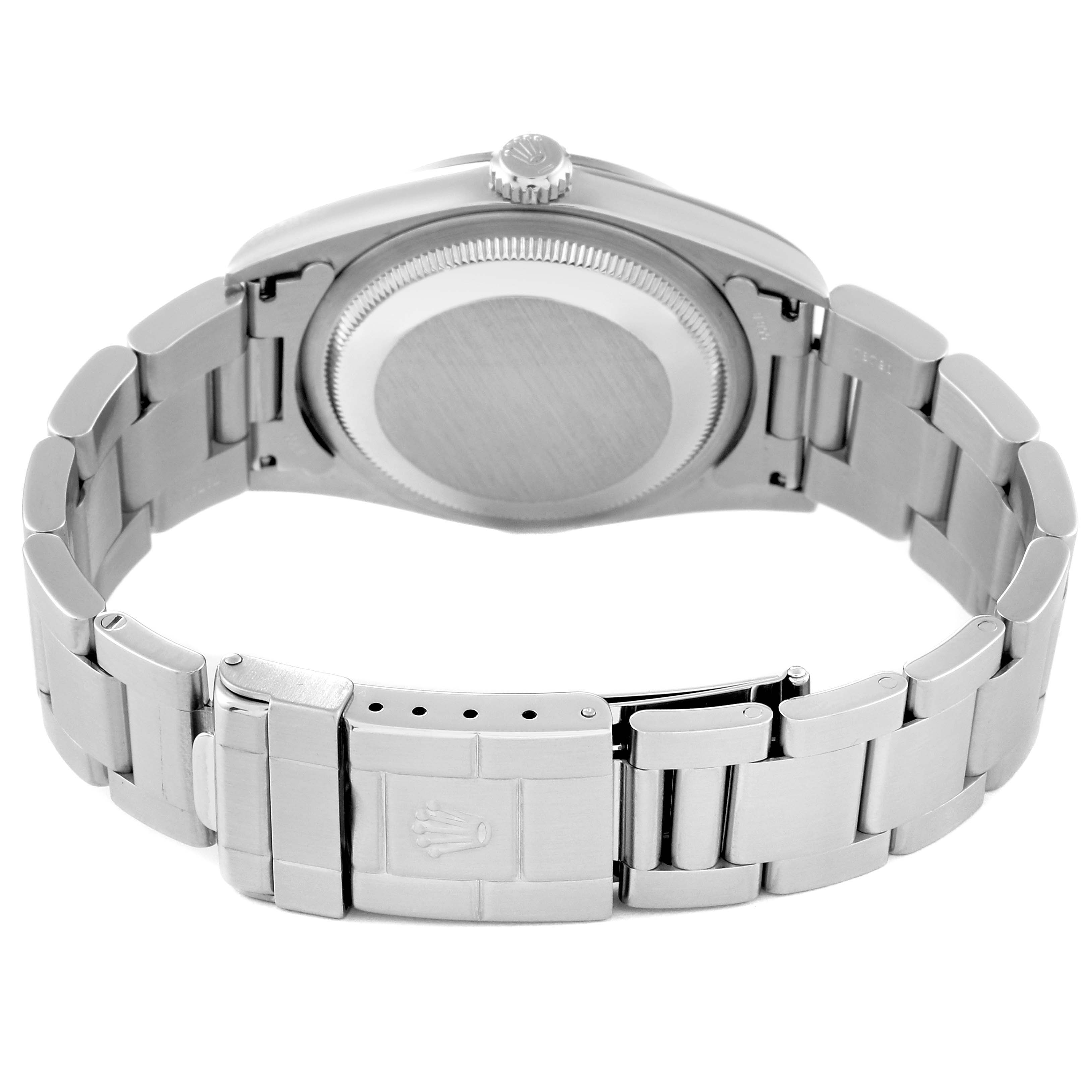 This image shows the back and clasp of a Rolex Explorer 14270 Men
s Stainless Steel Black Dial 14270 Men
s Stainless Steel Black Dial model watch, highlighting the bracelet and case back.