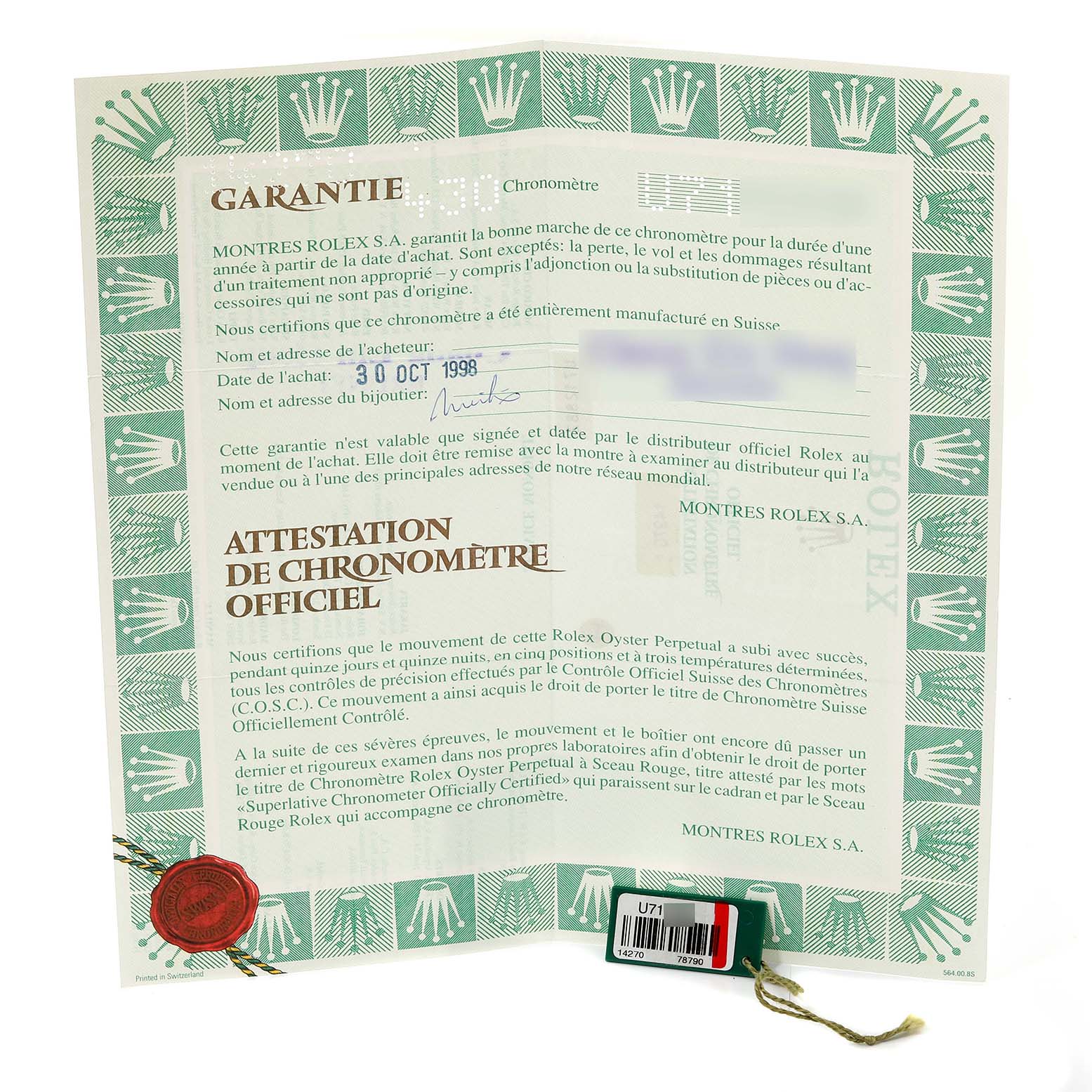 The image displays the guarantee card and chronometer certificate for a Rolex Explorer 14270 Men
s Stainless Steel Black Dial 14270 Men
s Stainless Steel Black Dial model, along with a tag.