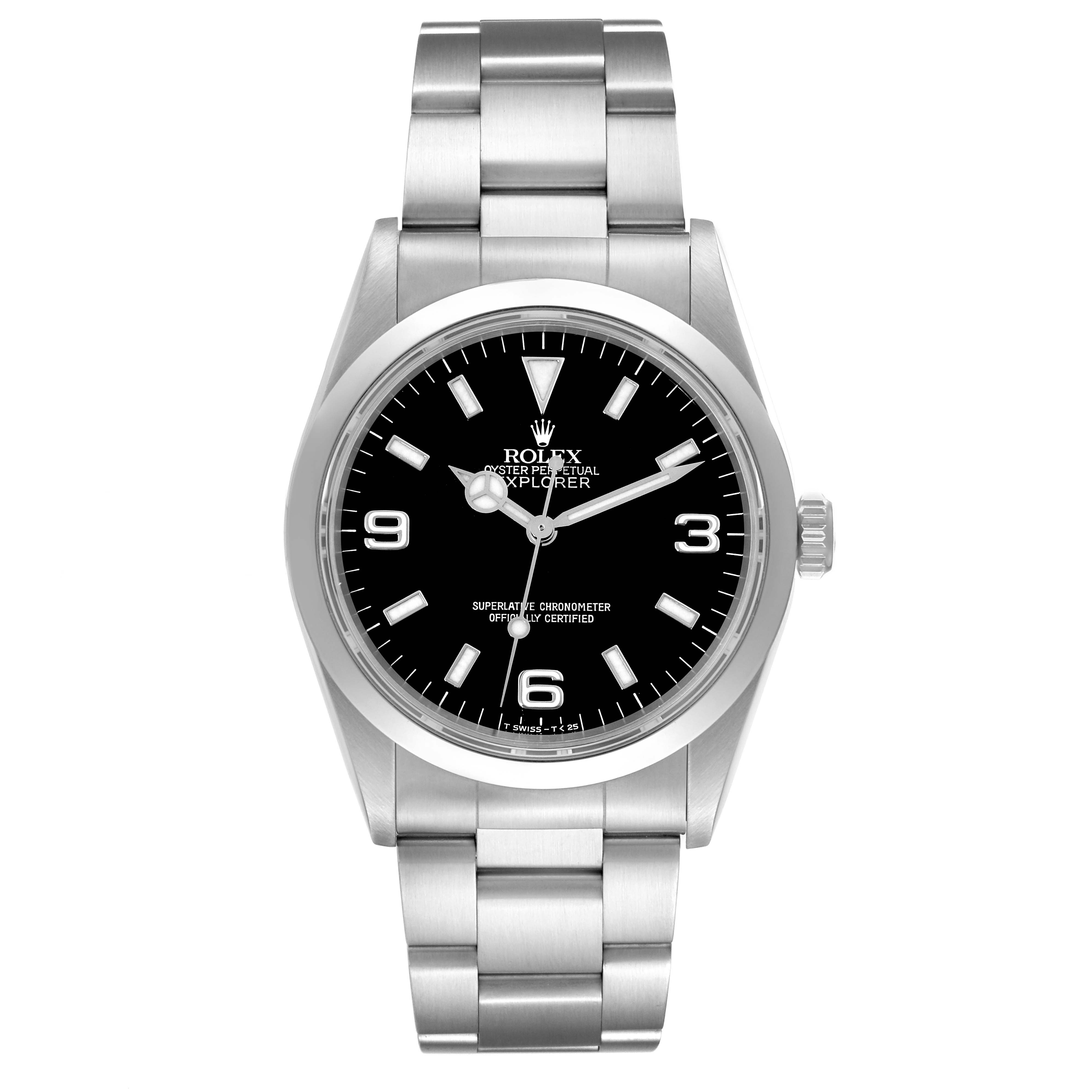 The image shows a front view of the Rolex Explorer 14270 Men
s Stainless Steel Black Dial 14270 Men
s Stainless Steel Black Dial watch, displaying its black dial, silver bracelet, and stainless steel case.