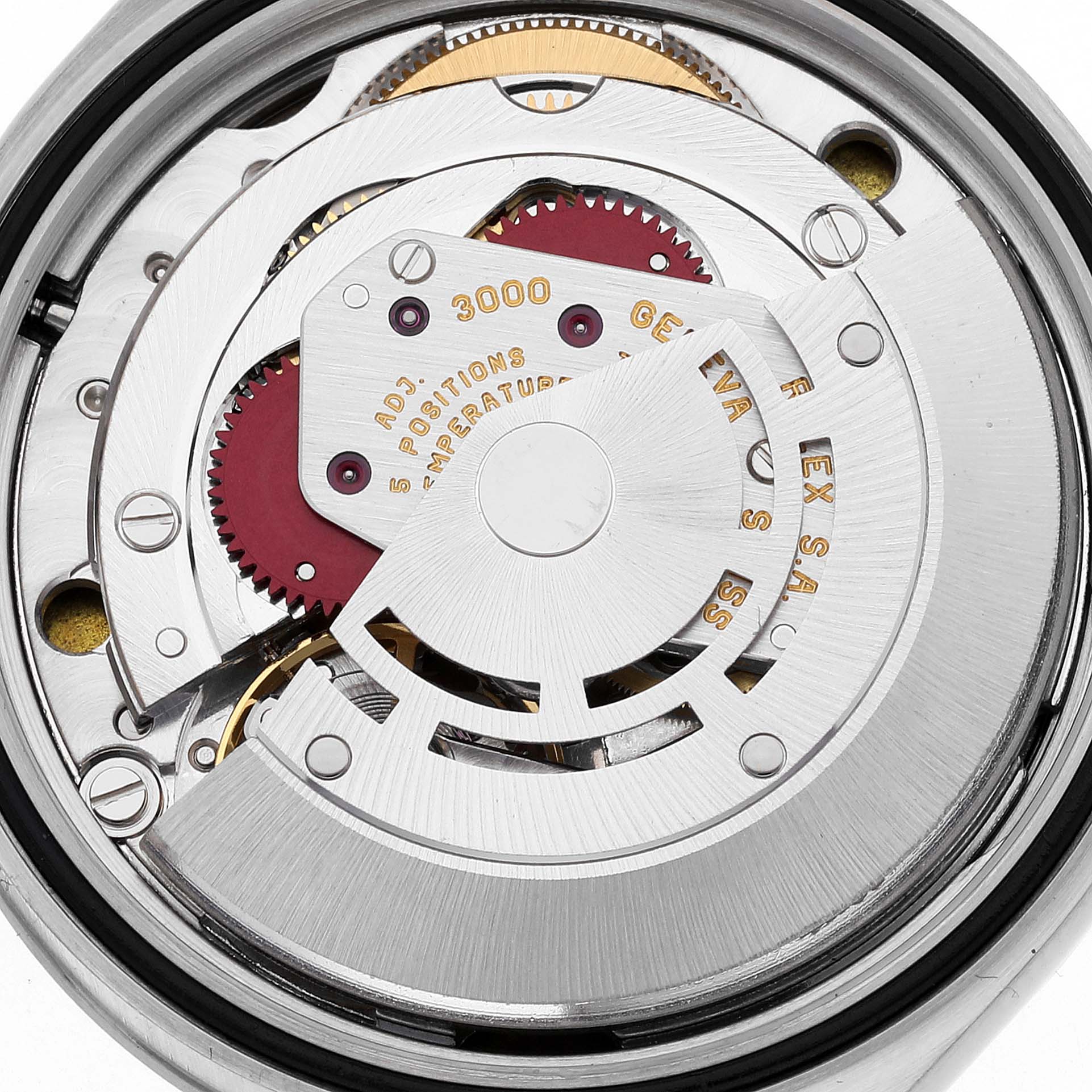 This image shows the internal mechanics and movement of a Rolex Explorer 14270 Men
s Stainless Steel Black Dial 14270 Men
s Stainless Steel Black Dial watch, viewed from the back.