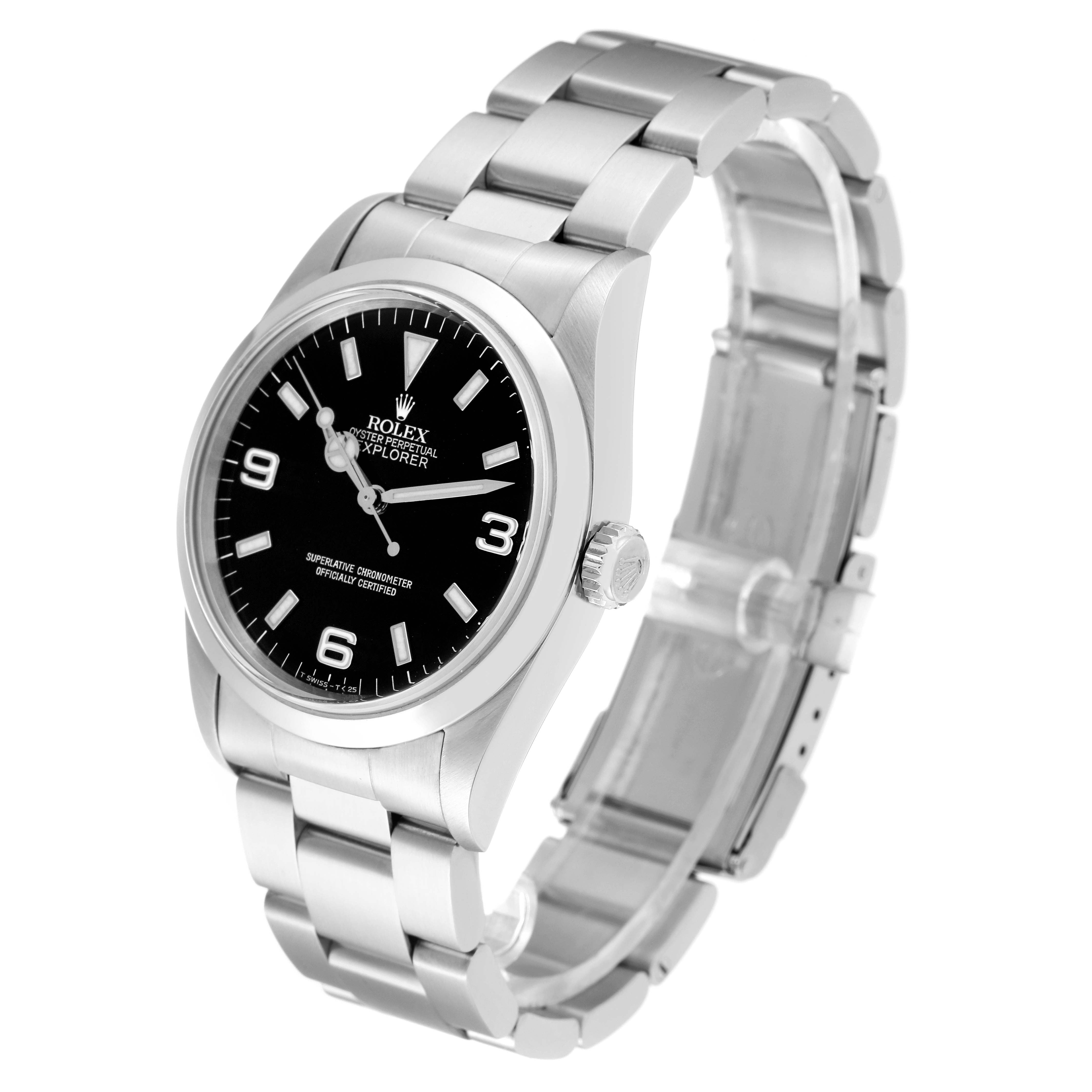 This image shows a side view of the Rolex Explorer 14270 Men
s Stainless Steel Black Dial 14270 Men
s Stainless Steel Black Dial watch, highlighting its face, crown, and stainless steel bracelet.