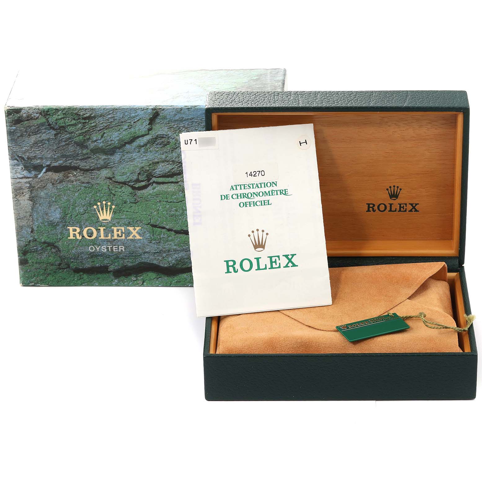 This image shows the packaging for a Rolex Explorer 14270 Men
s Stainless Steel Black Dial 14270 Men
s Stainless Steel Black Dial watch, including the box, cushion, and official chronometer certification.