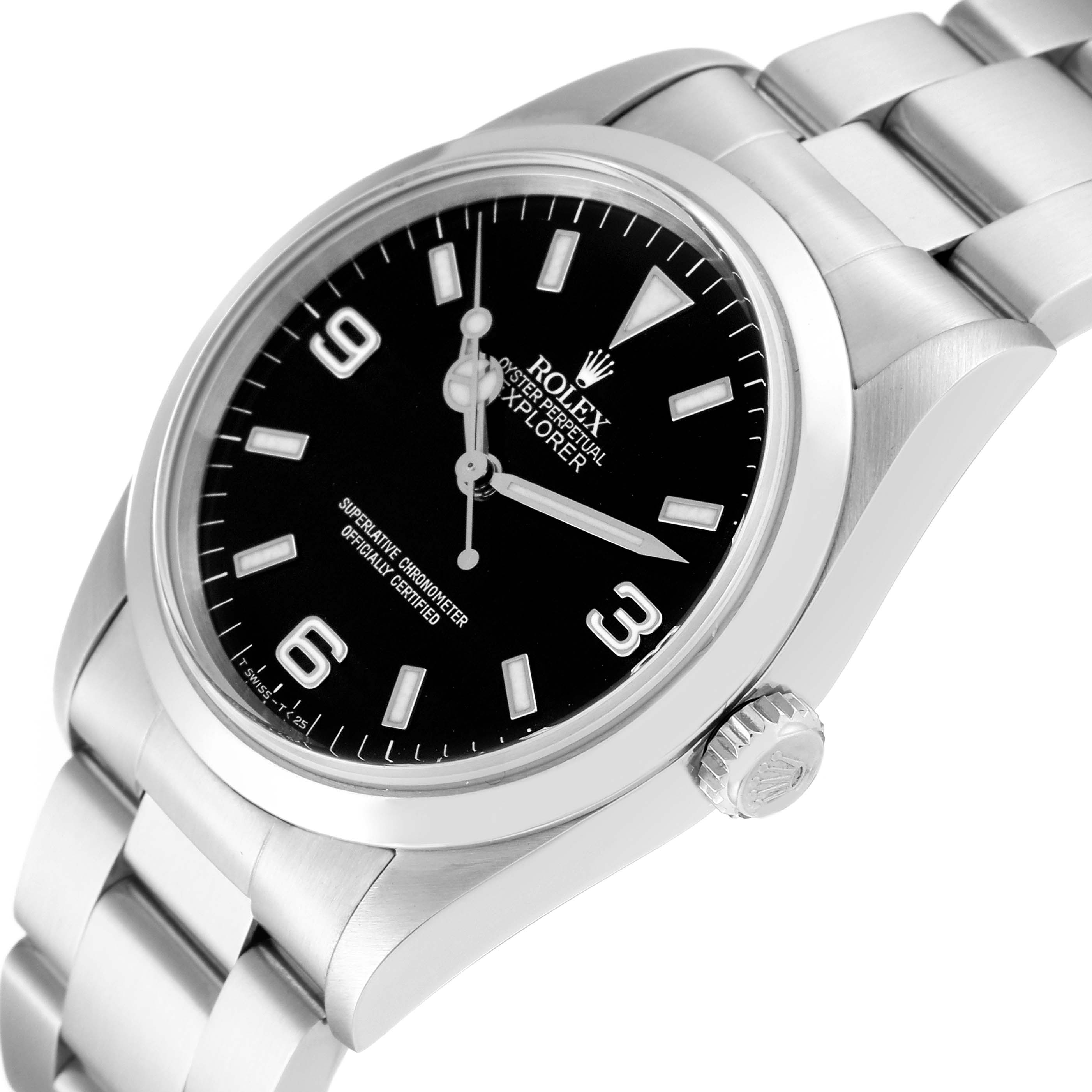 The image shows a side and angled view of the Rolex Explorer 14270 Men
s Stainless Steel Black Dial 14270 Men
s Stainless Steel Black Dial watch, highlighting the face, bezel, crown, and bracelet.