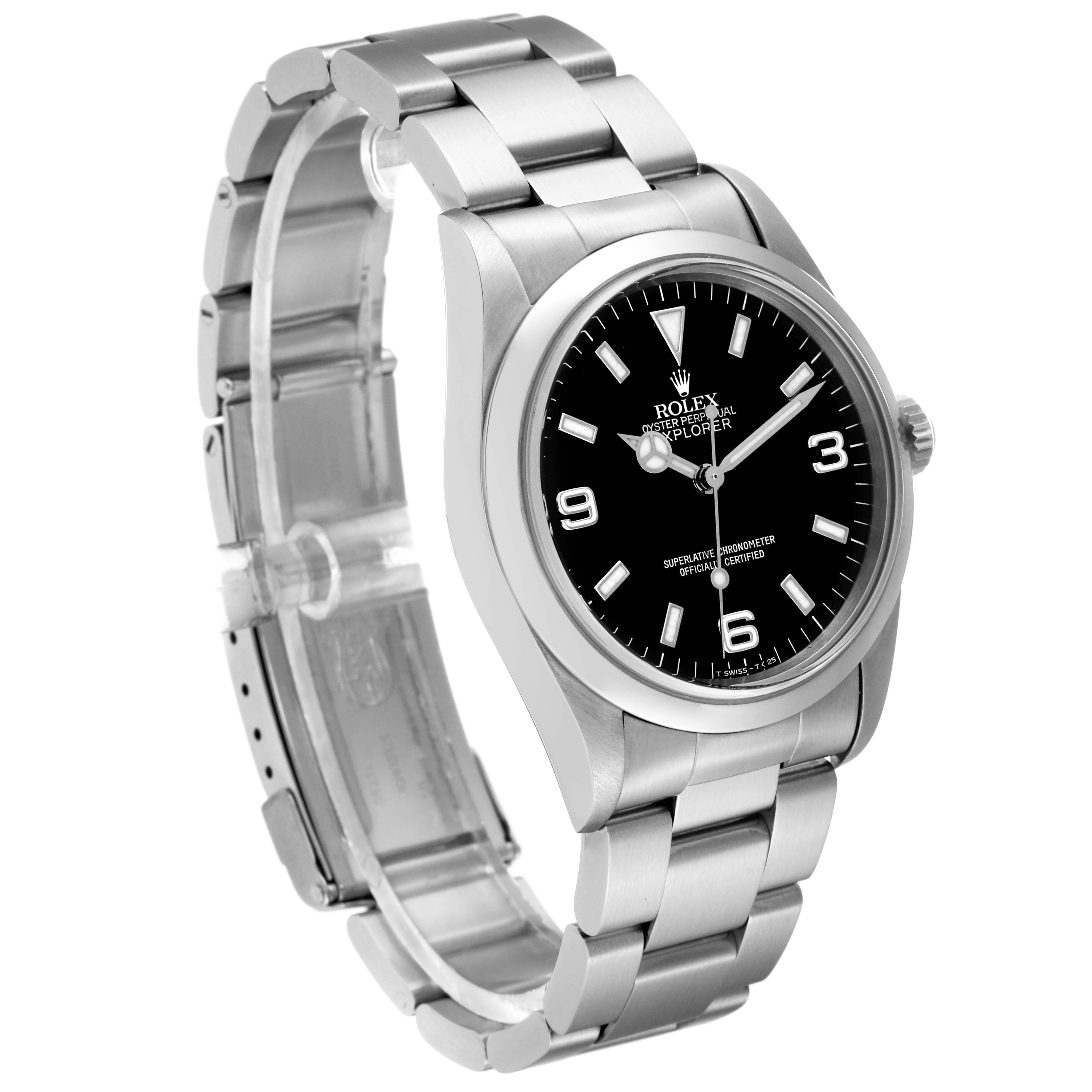 The image shows a side view of the Rolex Explorer 14270 Men
s Stainless Steel Black Dial 14270 Men
s Stainless Steel Black Dial watch, highlighting its bracelet, dial, and case.