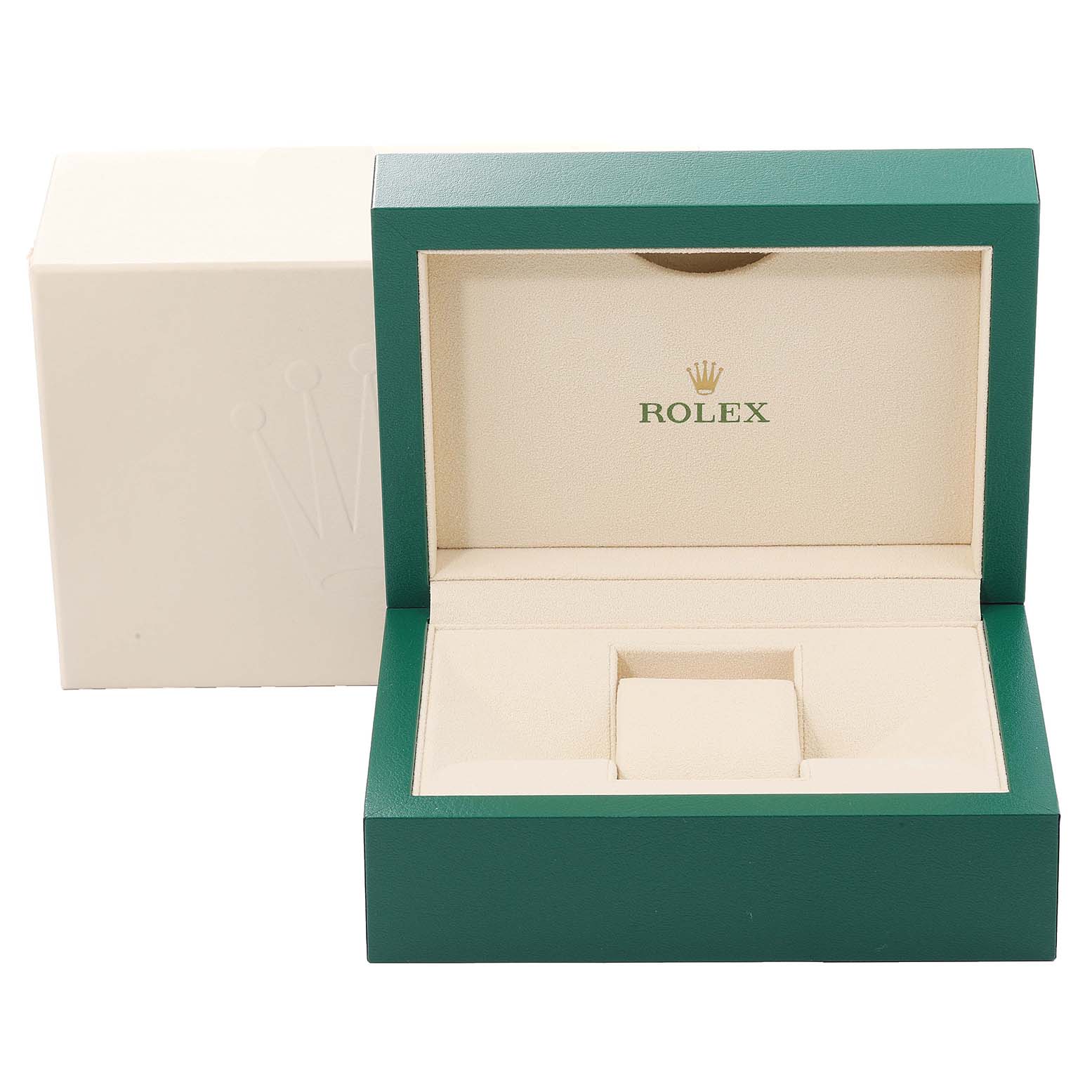 The image shows an open Rolex watch box for the Explorer model, with a green exterior and beige interior.