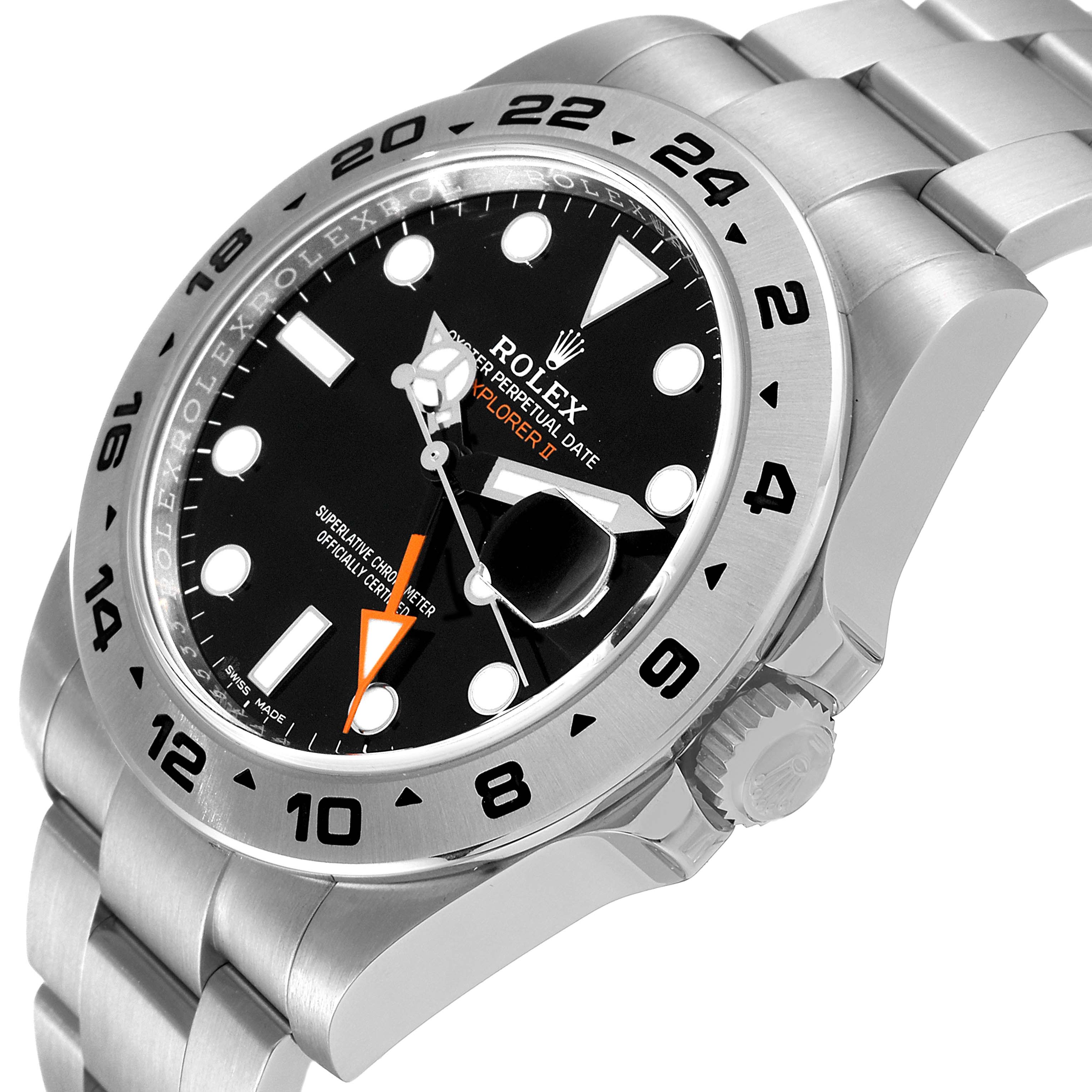 This angle shows the face, bezel, crown, and part of the bracelet of the Rolex Explorer 216570 Men
s Stainless Steel Black Dial 216570 Men
s Stainless Steel Black Dial model watch.