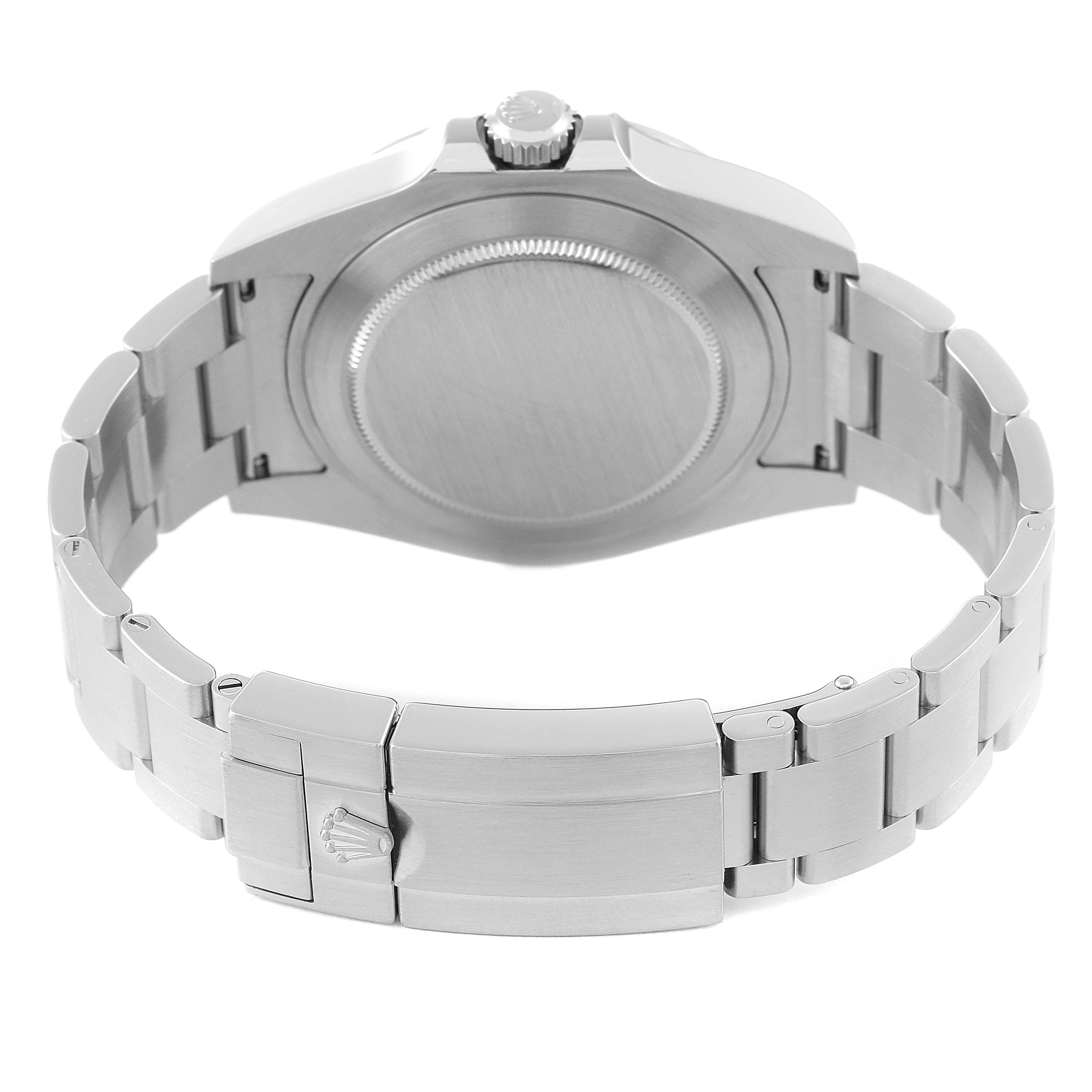 The image shows the back view of a Rolex Explorer 216570 Men
s Stainless Steel Black Dial 216570 Men
s Stainless Steel Black Dial watch, highlighting the clasp, bracelet, and case back.