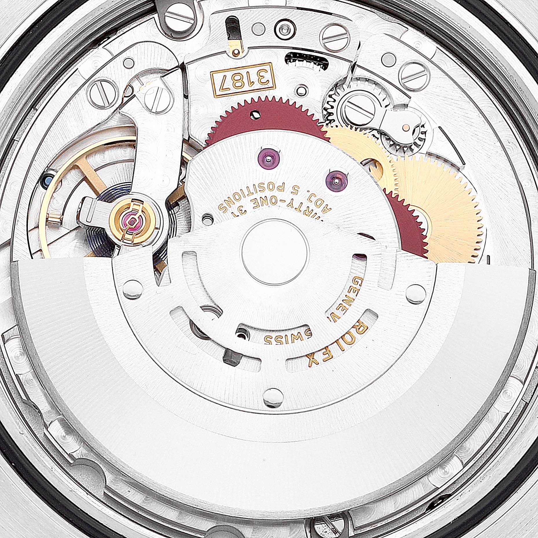 This is a close-up view of the movement inside a Rolex Explorer 216570 Men
s Stainless Steel Black Dial 216570 Men
s Stainless Steel Black Dial watch, showcasing the intricate internal mechanism.