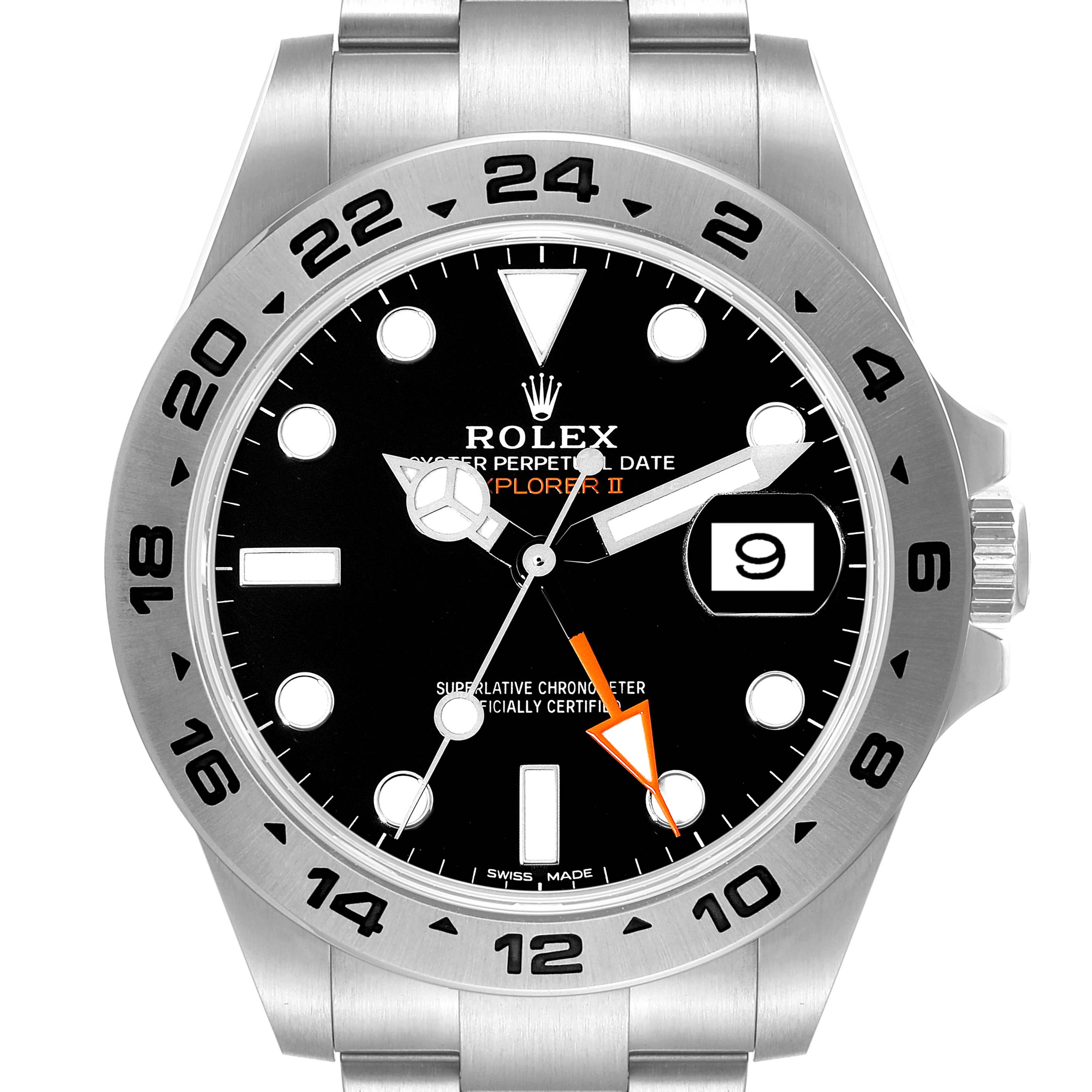 The image shows a front view of the Rolex Explorer 216570 Men
s Stainless Steel Black Dial 216570 Men
s Stainless Steel Black Dial watch, highlighting its dial, bezel, hands, and bracelet.