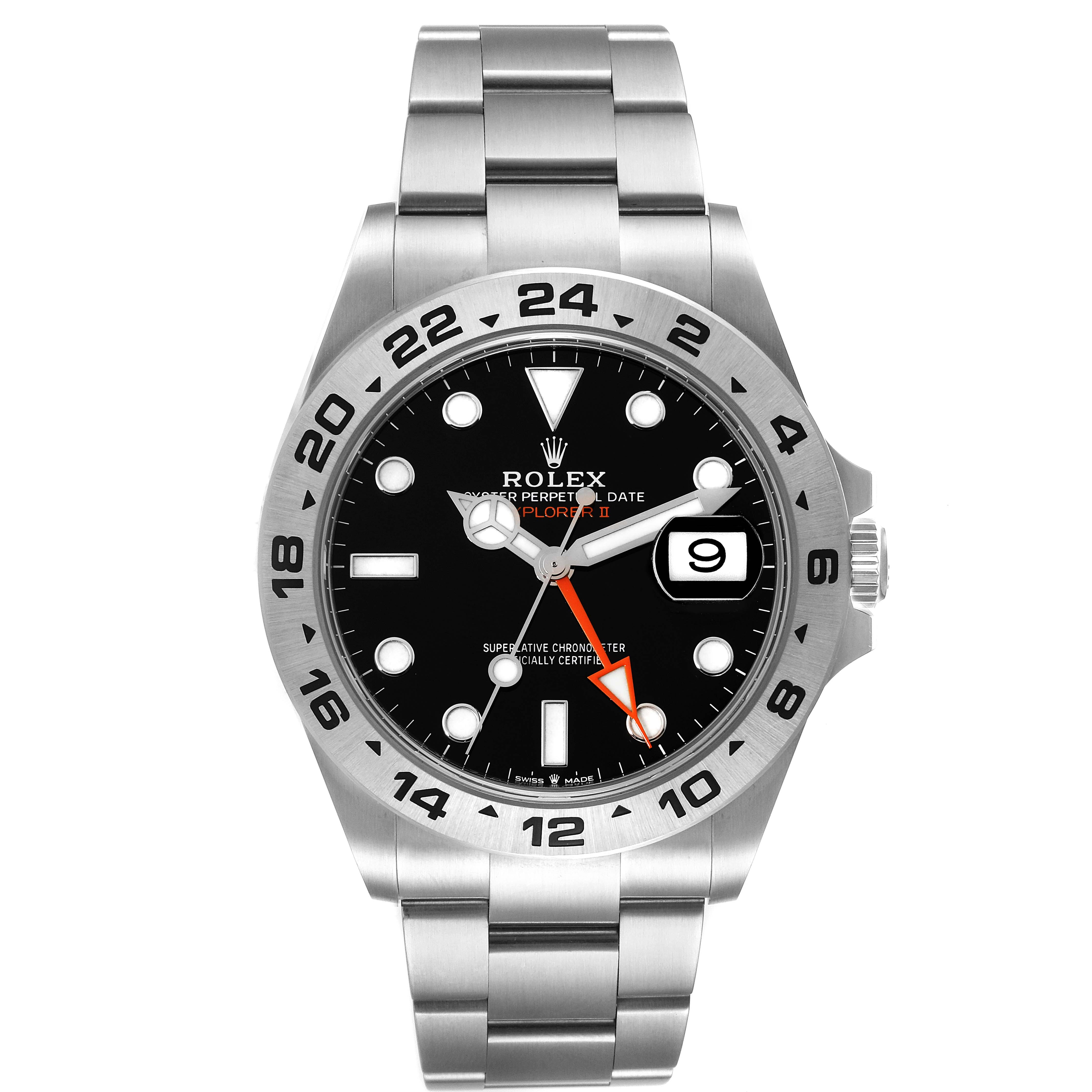 The image shows a front view of a Rolex Explorer 226570 Men's Stainless Steel Black Dial 226570 Men's Stainless Steel Black Dial watch, highlighting the dial, bezel, and bracelet.