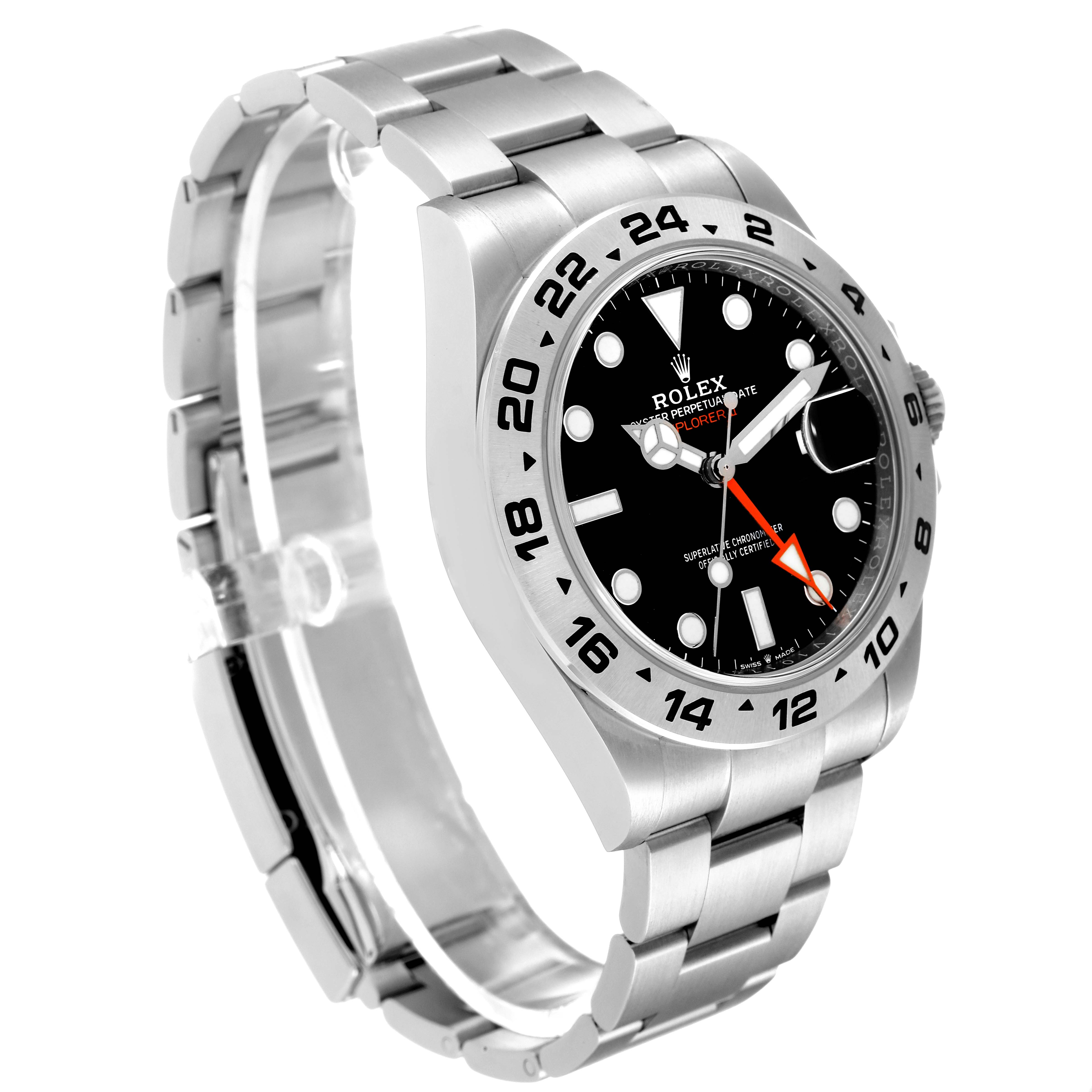 The image shows a Rolex Explorer 226570 Men's Stainless Steel Black Dial 226570 Men's Stainless Steel Black Dial watch angled to display the dial, bezel, and part of the bracelet.