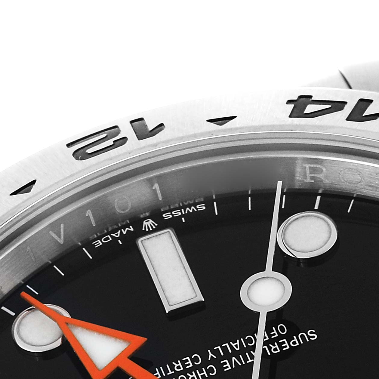 This close-up angle shows the dial, hands, and part of the bezel of the Rolex Explorer 226570 Men's Stainless Steel Black Dial 226570 Men's Stainless Steel Black Dial watch.