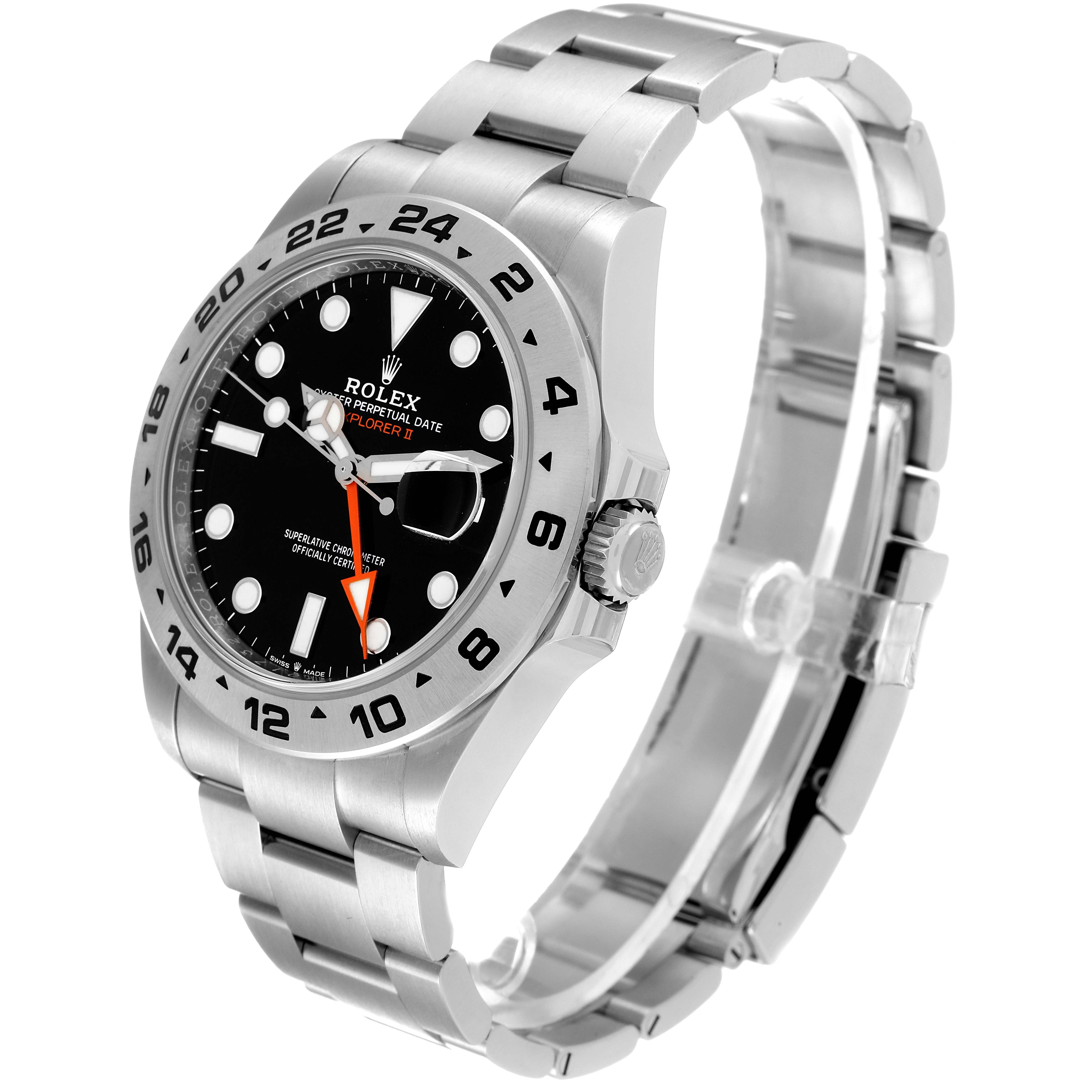 The image shows a side and front view of a Rolex Explorer 226570 Men's Stainless Steel Black Dial 226570 Men's Stainless Steel Black Dial watch, highlighting its bezel, crown, dial, and bracelet.