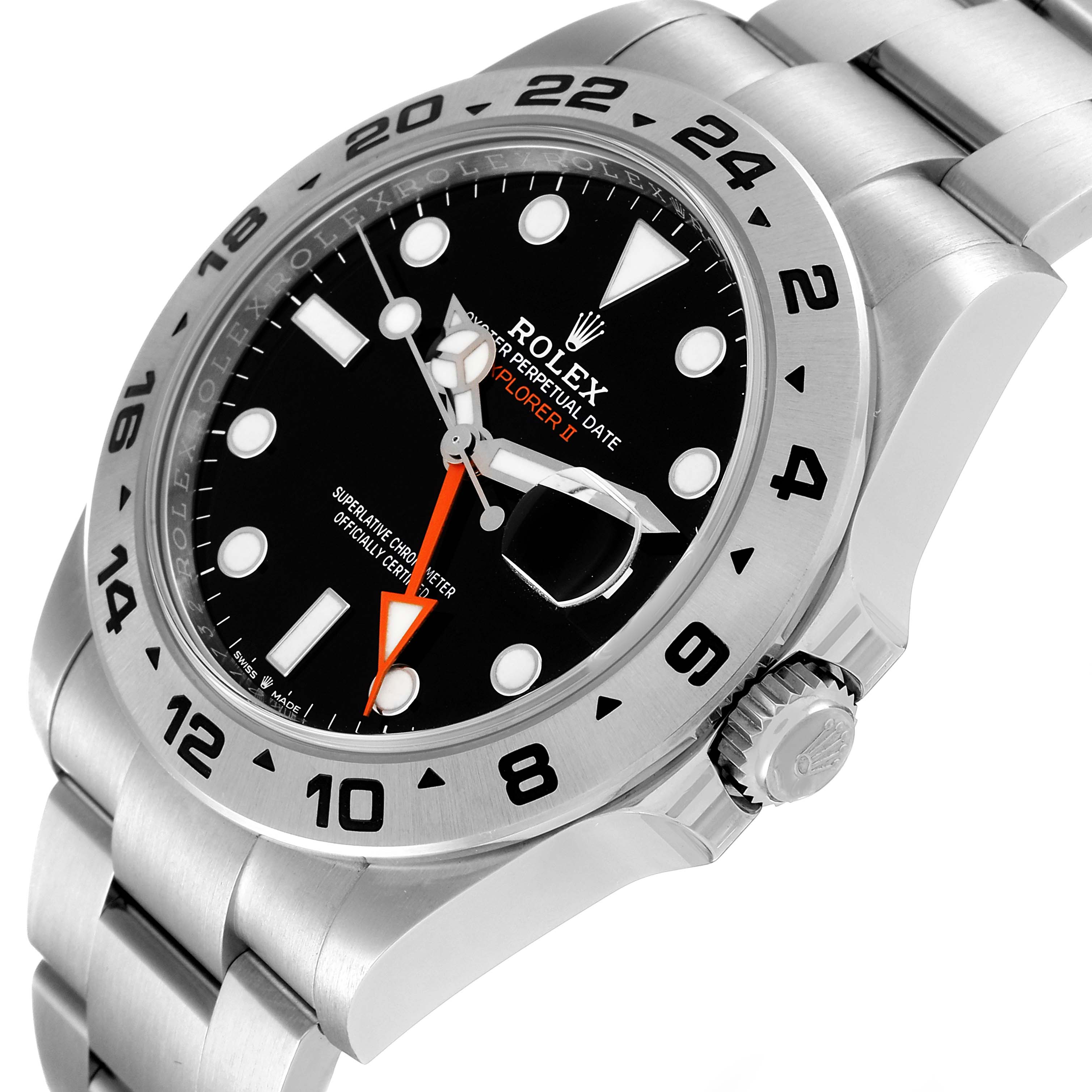The image shows a close-up angle of the face and part of the bracelet of a Rolex Explorer 226570 Men's Stainless Steel Black Dial 226570 Men's Stainless Steel Black Dial model watch.