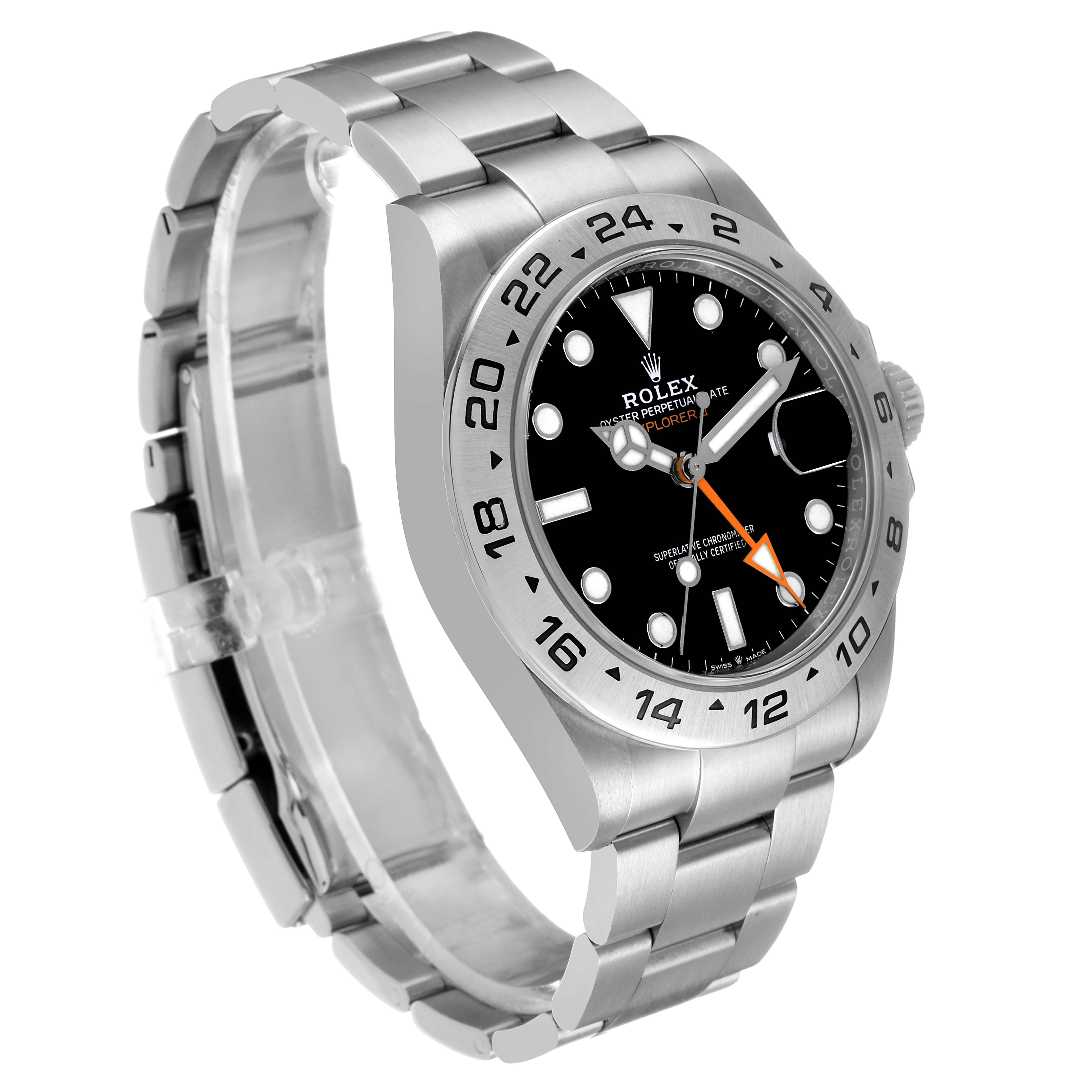 The Rolex Explorer 226570 Men's Stainless Steel Black Dial watch is shown at a three-quarter angle, highlighting the face, bezel, and bracelet.