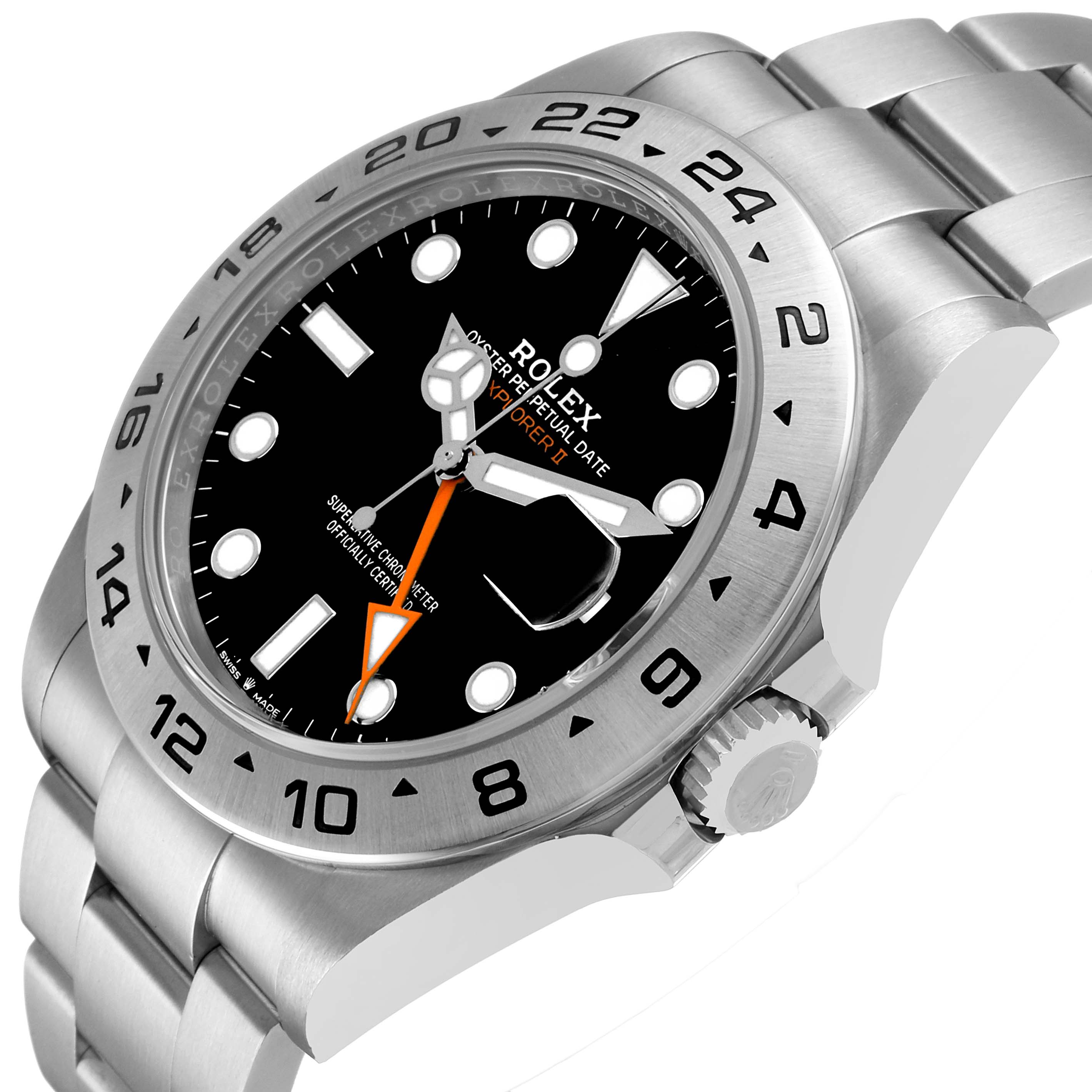 The Rolex Explorer 226570 Men's Stainless Steel Black Dial model is shown at a slight angle displaying its dial, bezel, crown, and part of the bracelet.