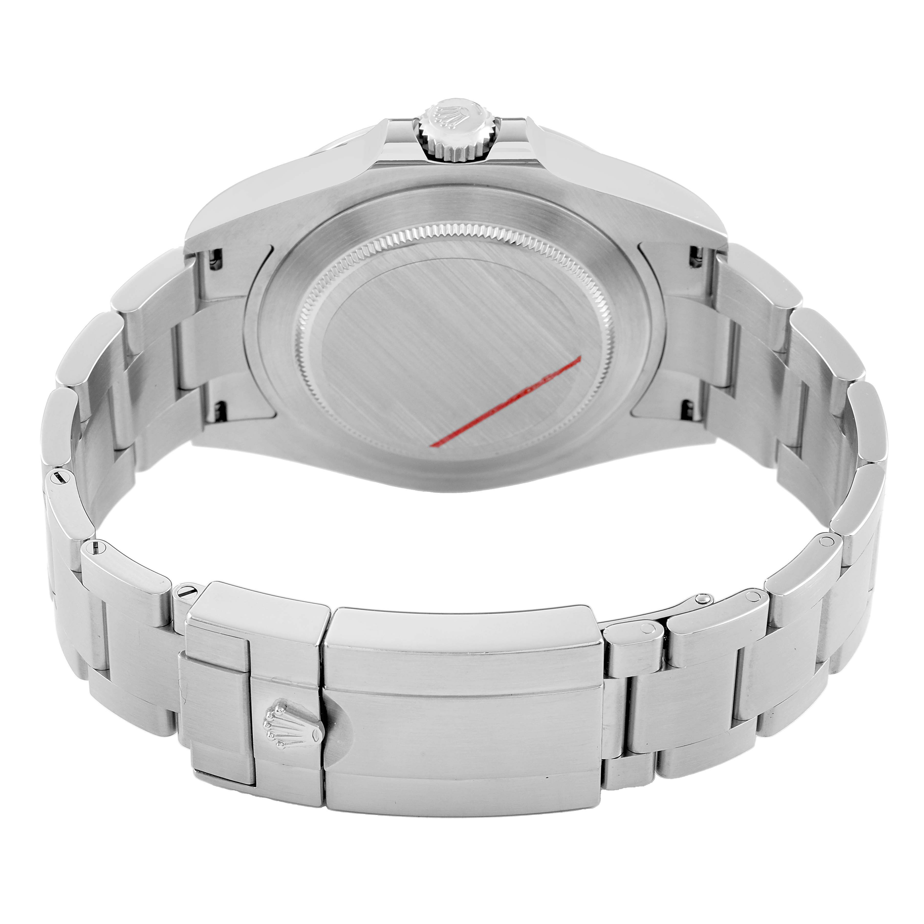 The Rolex Explorer 226570 Men's Stainless Steel Black Dial watch is shown from the back, displaying the case back, bracelet, and clasp.