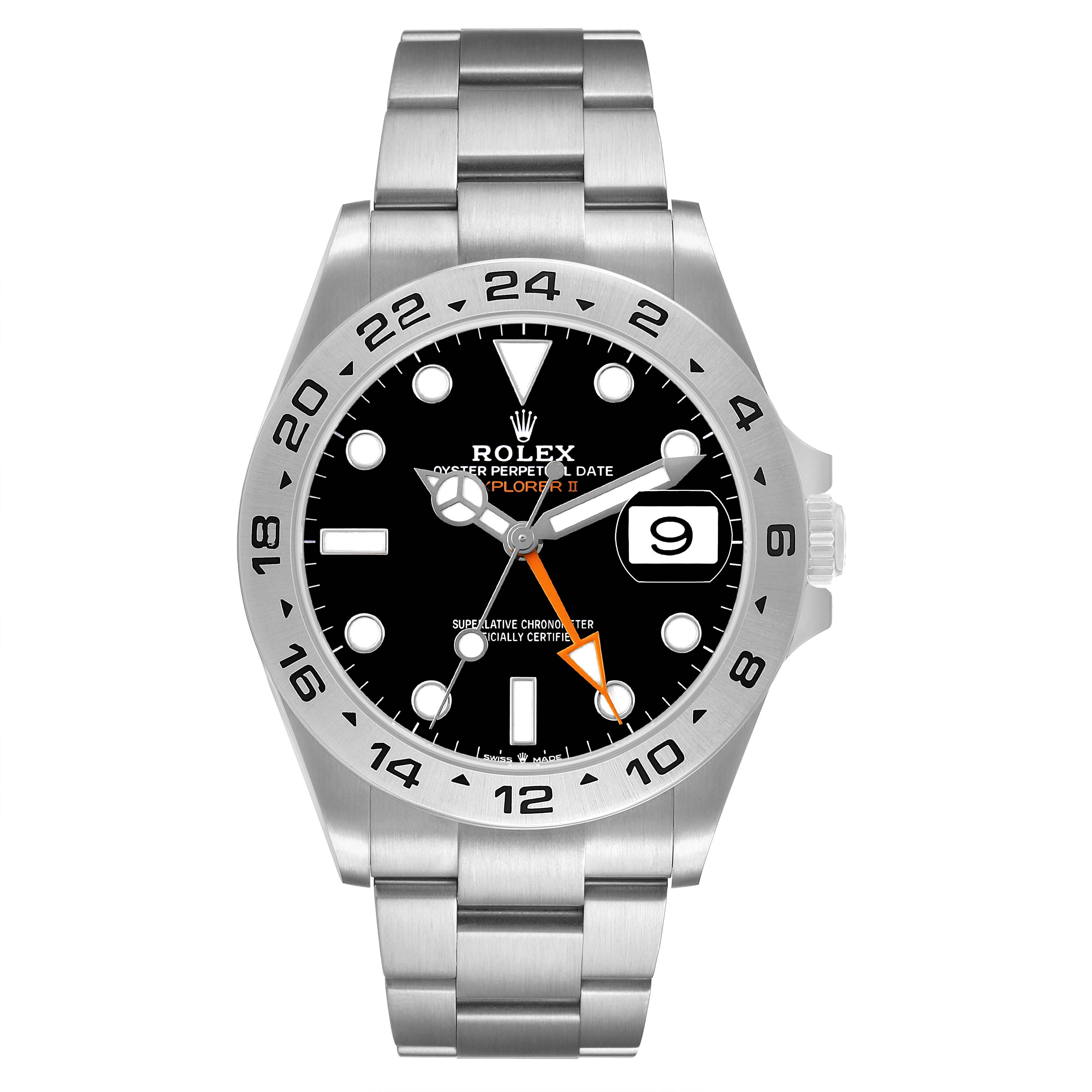 The Rolex Explorer 226570 Men's Stainless Steel Black Dial watch is shown from a direct top-down angle, highlighting the face, bezel, hands, and bracelet.
