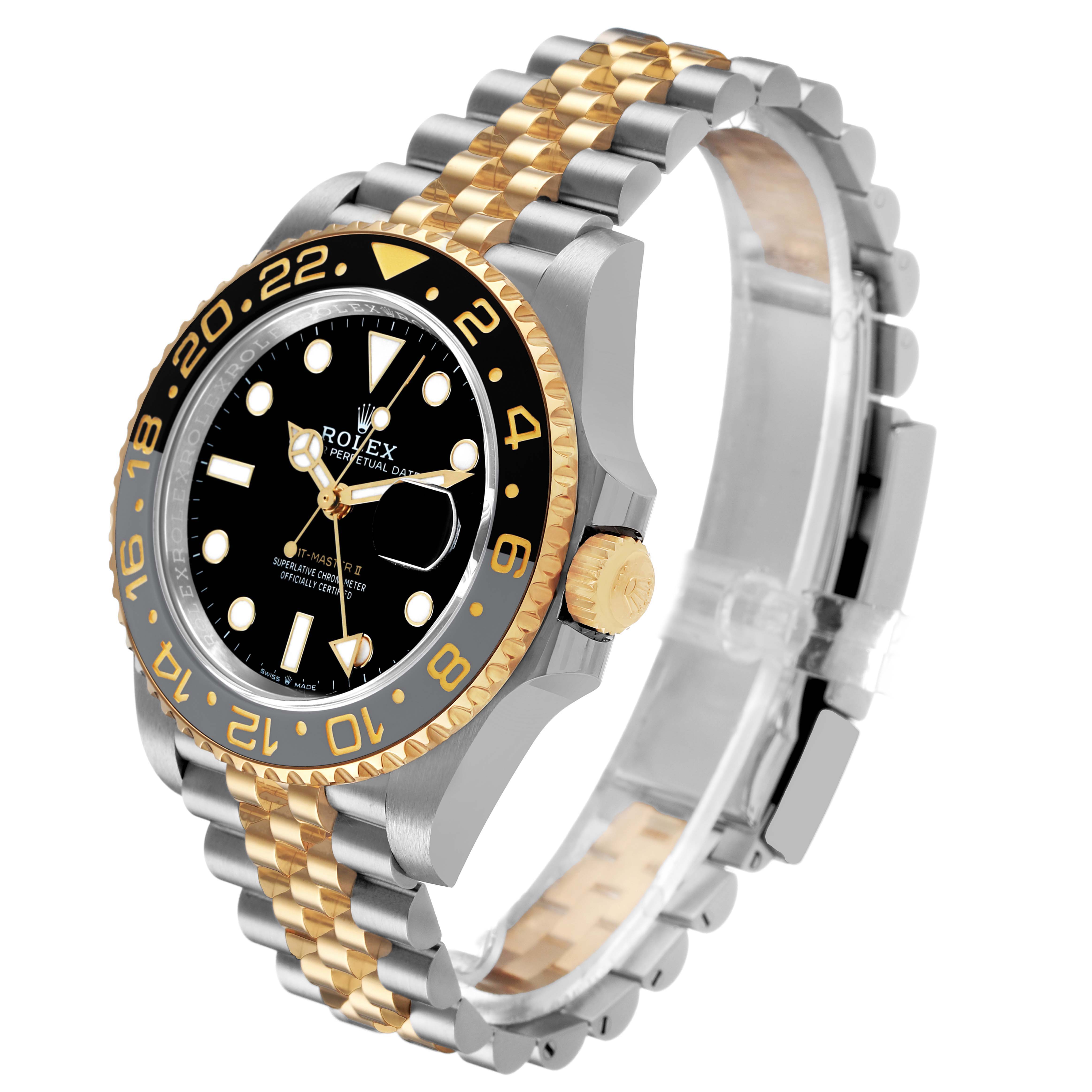 The Rolex GMT-Master 126713 Men's Steel and Gold (two tone) Black Dial watch is angled to show the dial, bezel, crown, and bracelet with a mix of gold and silver tones.