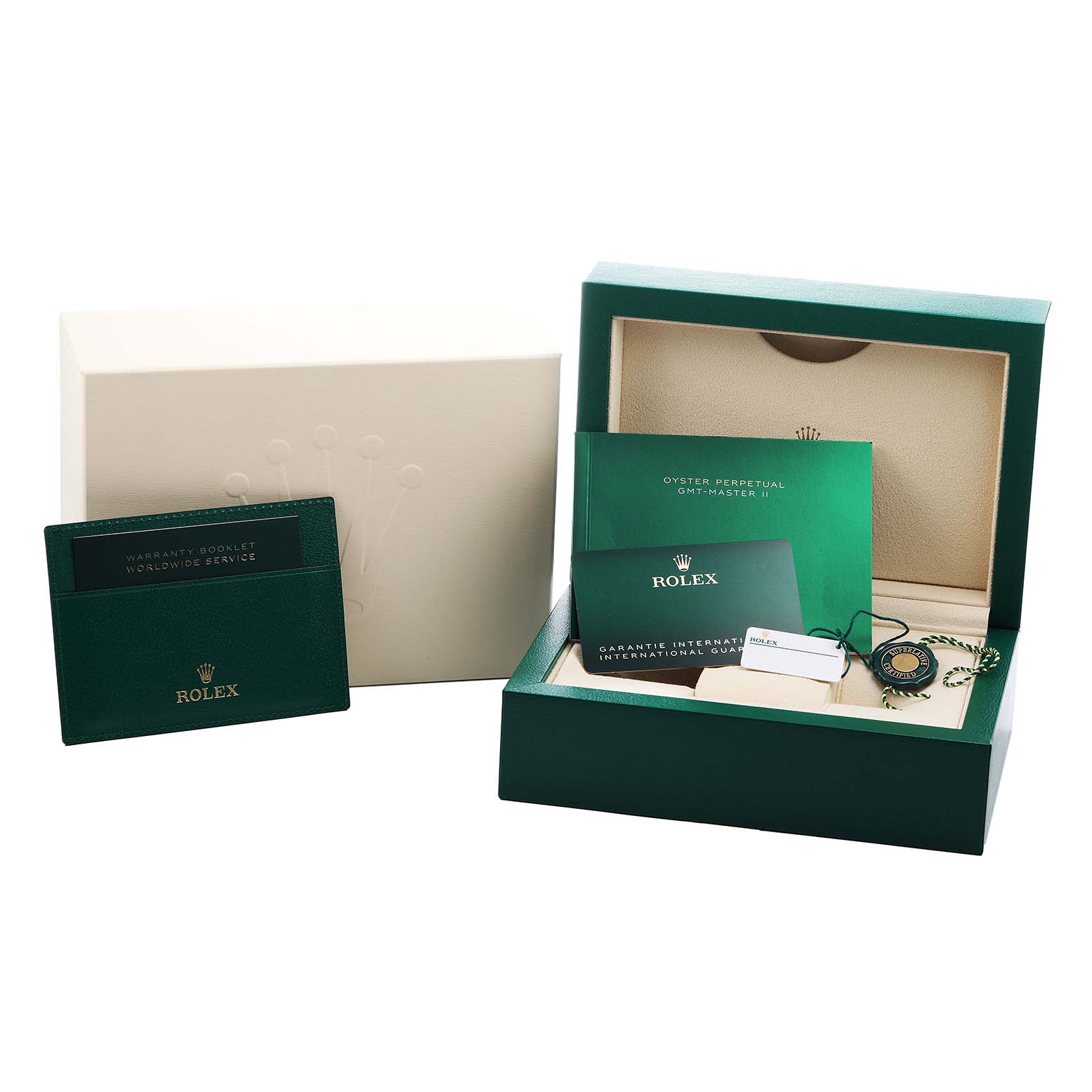 The image shows a Rolex GMT-Master 126713 Men's Steel and Gold (two tone) Black Dial box set with warranty booklets and accessories.