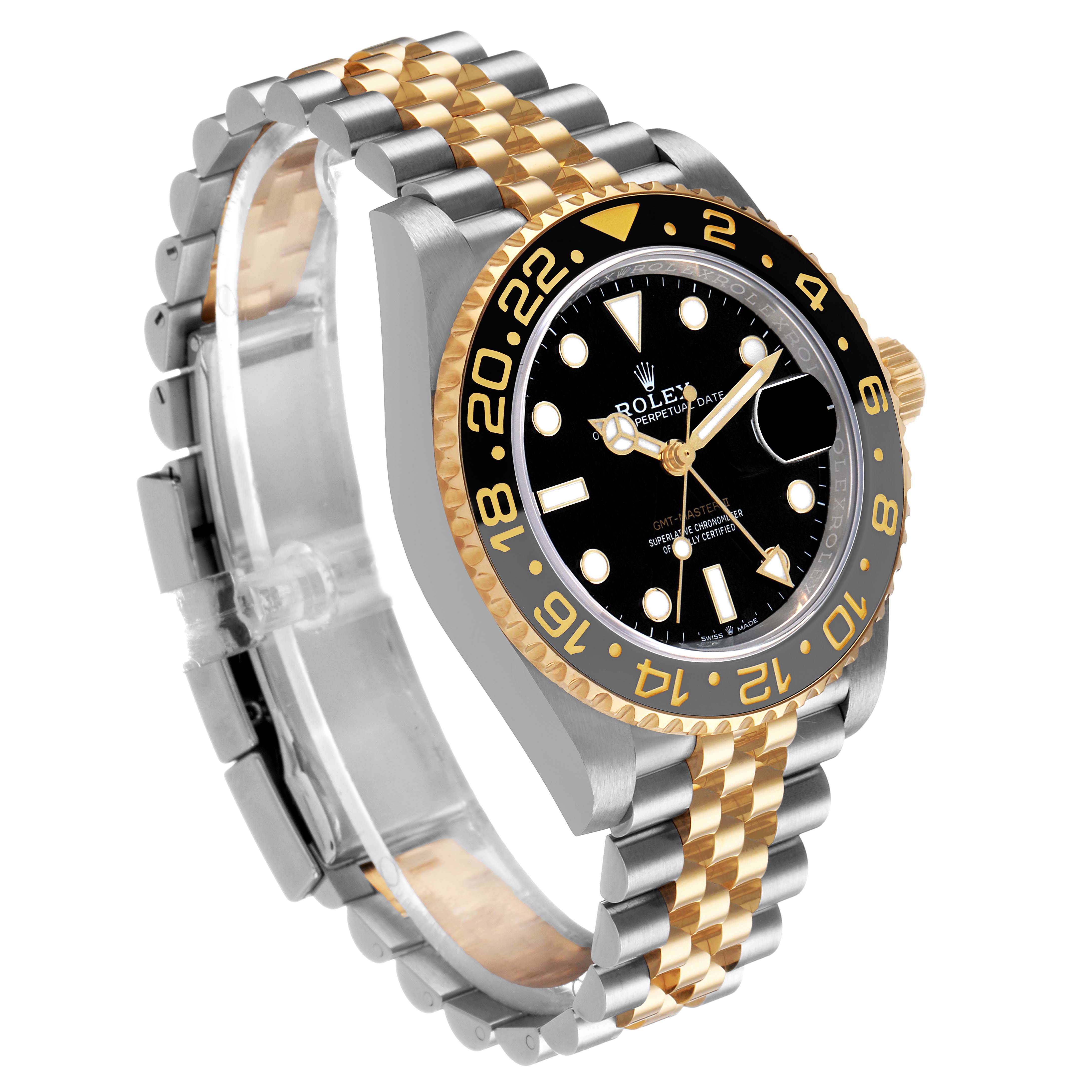 The image shows a Rolex GMT-Master 126713 Men's Steel and Gold (two tone) Black Dial watch at a three-quarter angle, displaying the bezel, dial, and Jubilee bracelet.