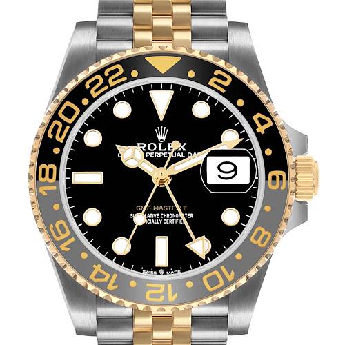 The image shows a front view of the Rolex GMT-Master 126713 Men's Steel and Gold (two tone) Black Dial II watch, highlighting its black dial, gold and silver bezel, and two-tone bracelet.